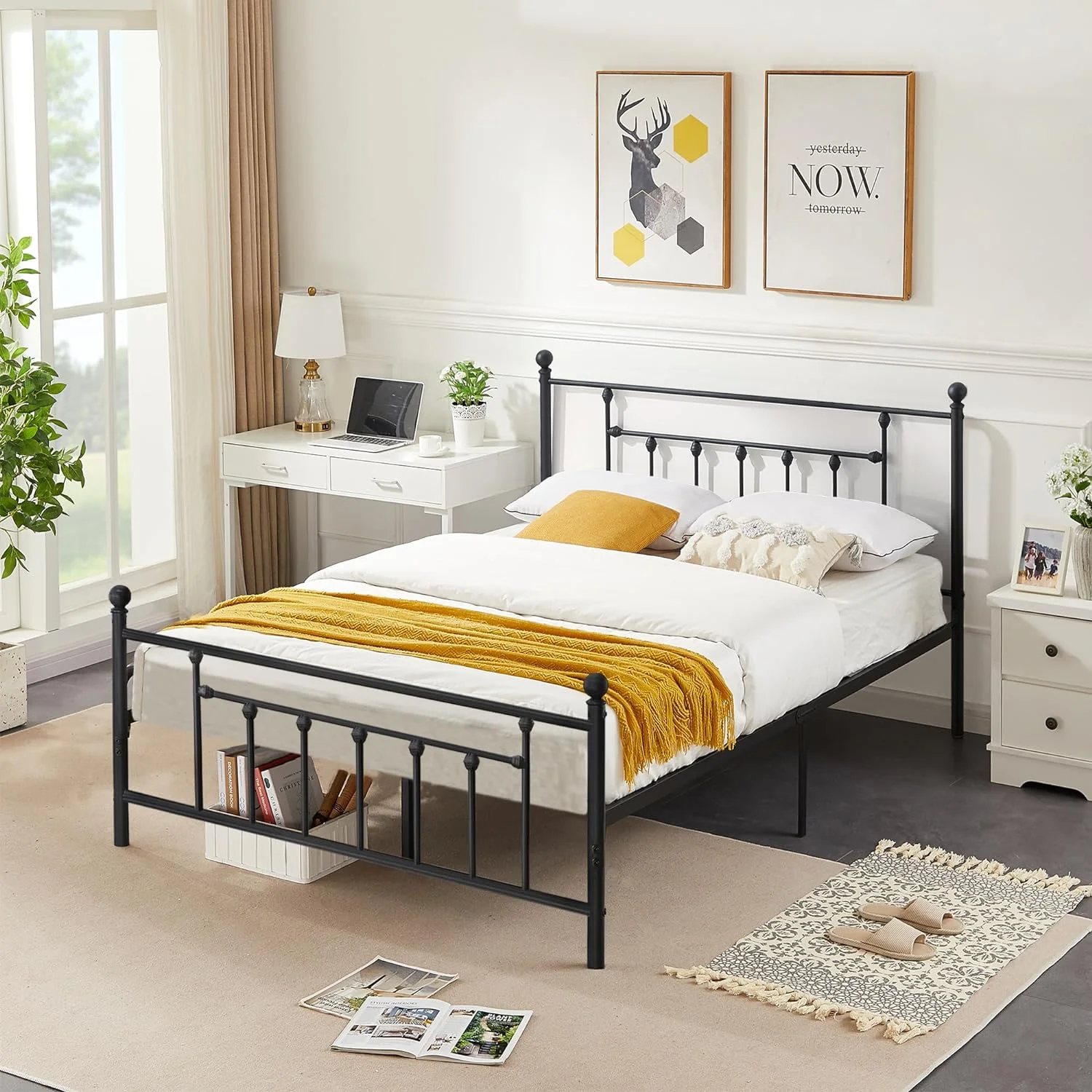 YILAN Full Size Metal Platform Bed Frame with Headboard and Footboard, Heavy Duty Slat Support/No Box Spring Needed Mattress Foundation/Underbed Storage Space, Victorian Style