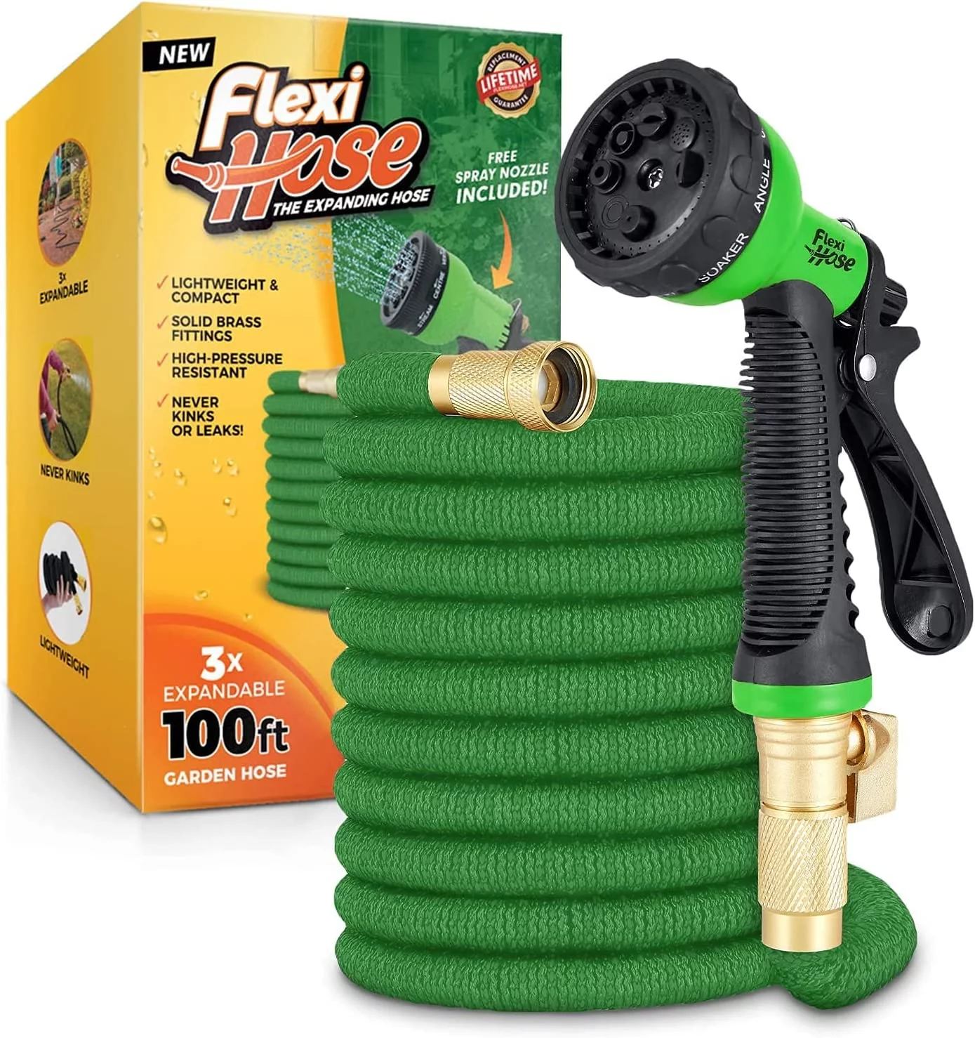 Flexi Hose GREEN MONSTAH 100 ft Garden Hose Expandable Water Hose, Expanding Garden Pipe with 8 Function Nozzle