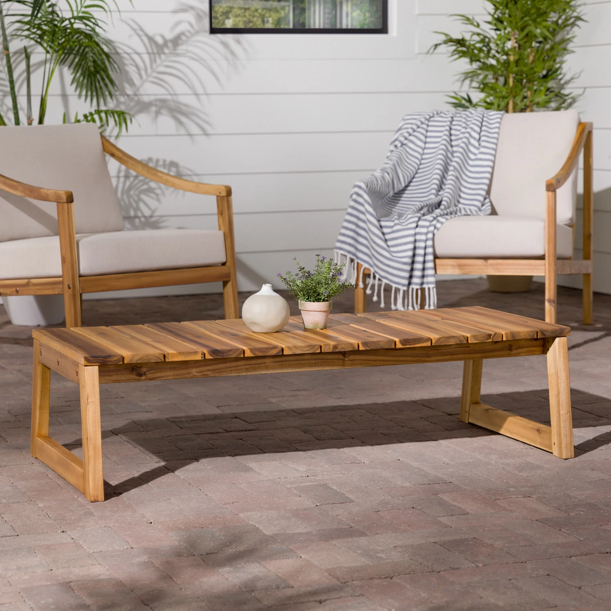 Walker Edison Modern Solid Wood Slat-Top Outdoor Coffee Table, Natural
