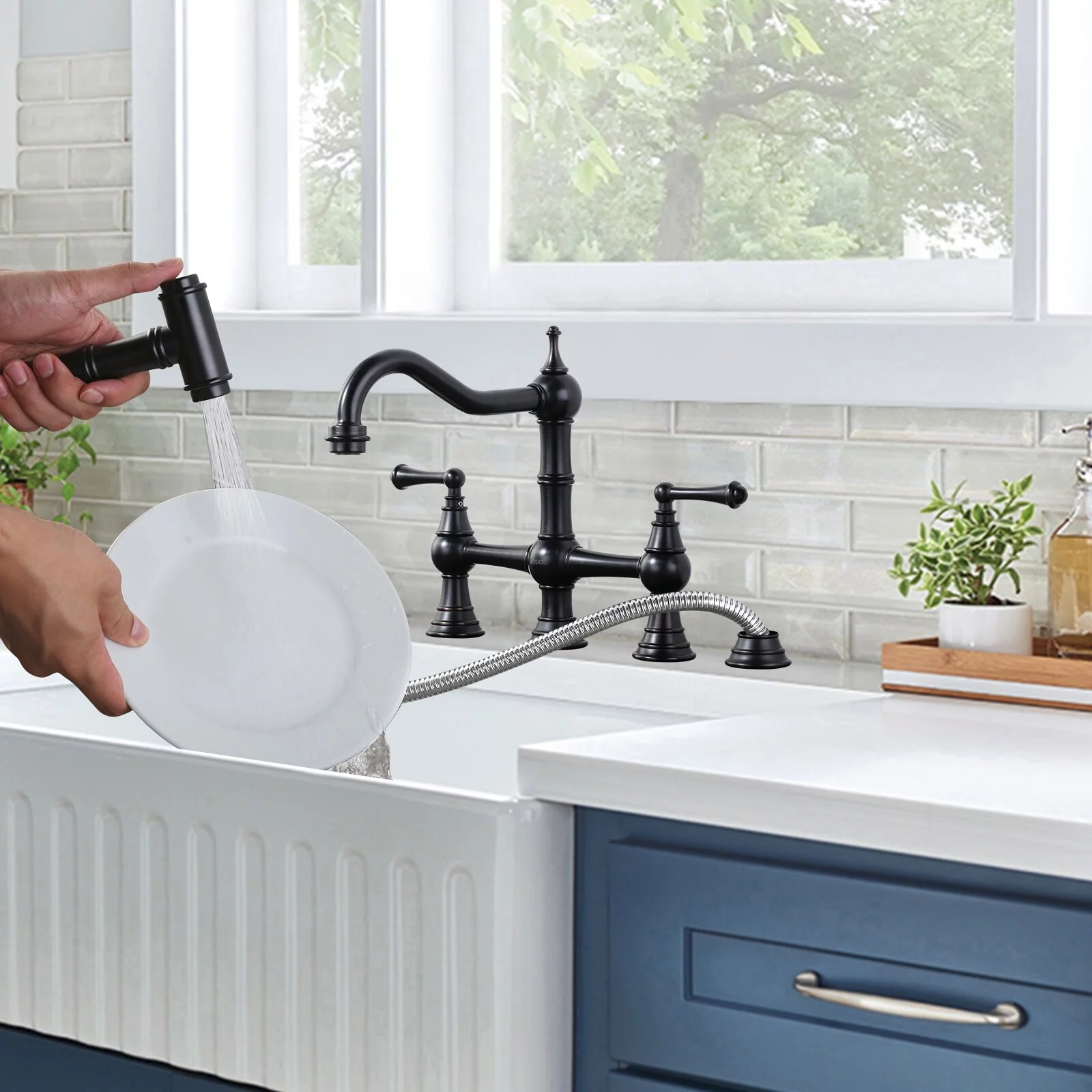 23115A1RB-OS WOWOW Kitchen Faucet with Sprayer, Bridge Kitchen Faucet 2 Handle with Side Sprayer Oil Rubbed Bronze