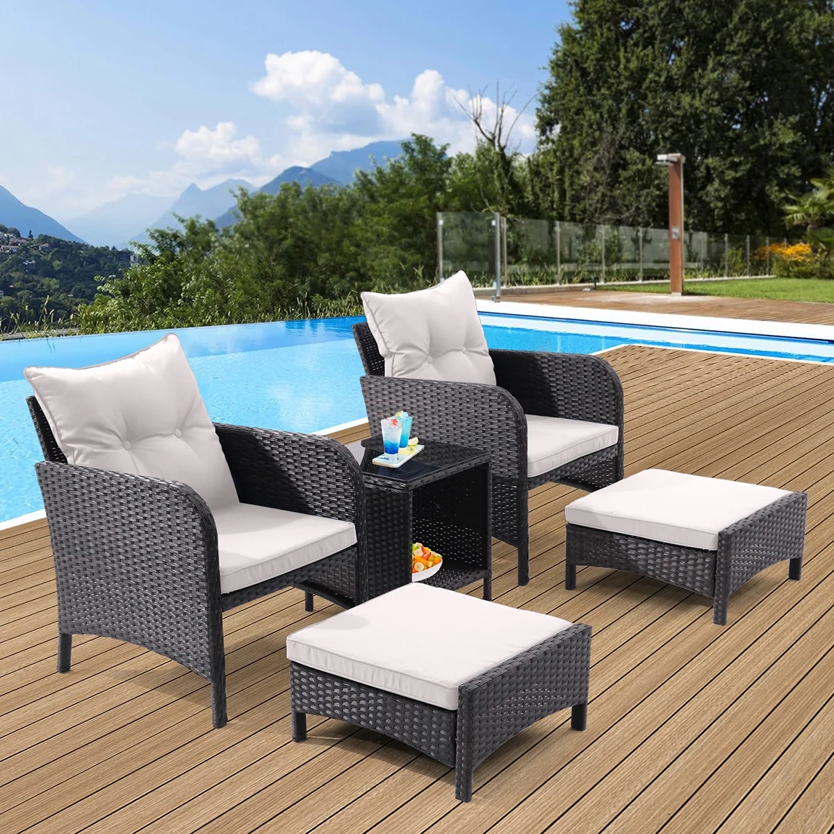 5 Piece Outdoor Patio Furniture Set,All Weather PE Rattan Conversation Chairs with Armrest and Removable Cushions,Ottomans and Storage Coffee Table for Poolside Garden Balcony Deck(Beige,Blue,Grey)