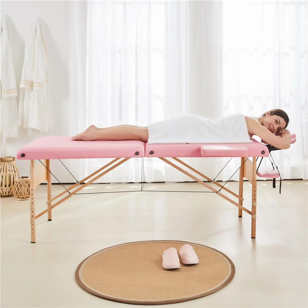 Easyfashion 2 Sectional Adjustable Folding Massage Table, Maximum Weight Capacity 220 lb,Pink