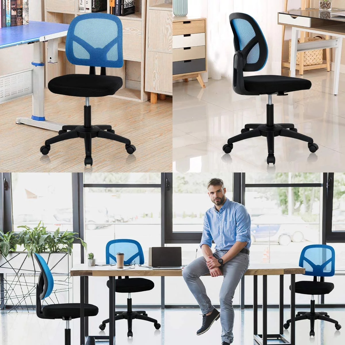 Mesh Office Chair No Arms Swivel Desk Chairs Adjustable Height Computer Chair Swivel Task Chair with Curved Square Back, Seat Width 18.3 inch, Blue