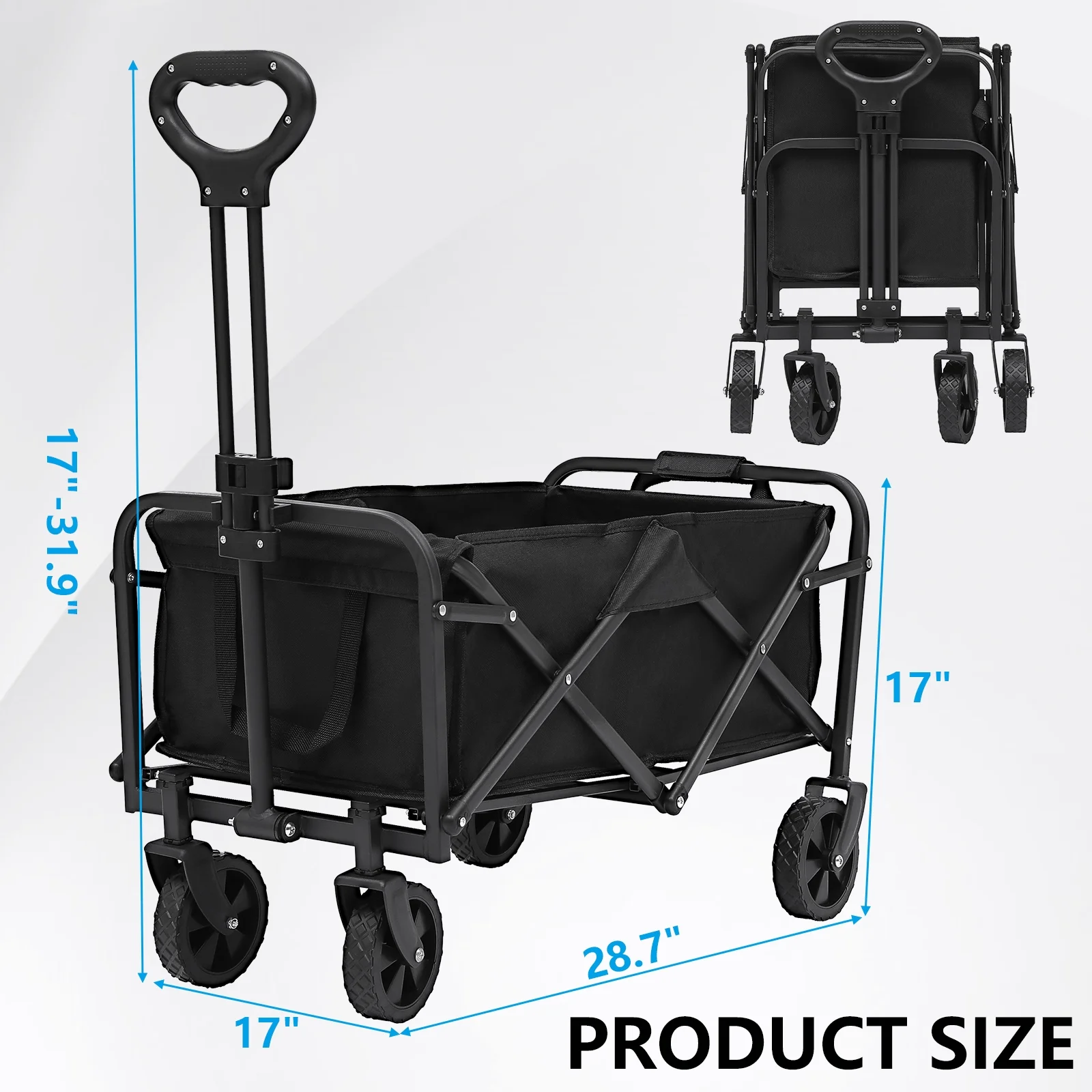 HONGGE Multi-Purpose Big Bucket Cart Collapsible Folding Wagon Garden Cart with Wheels, Black