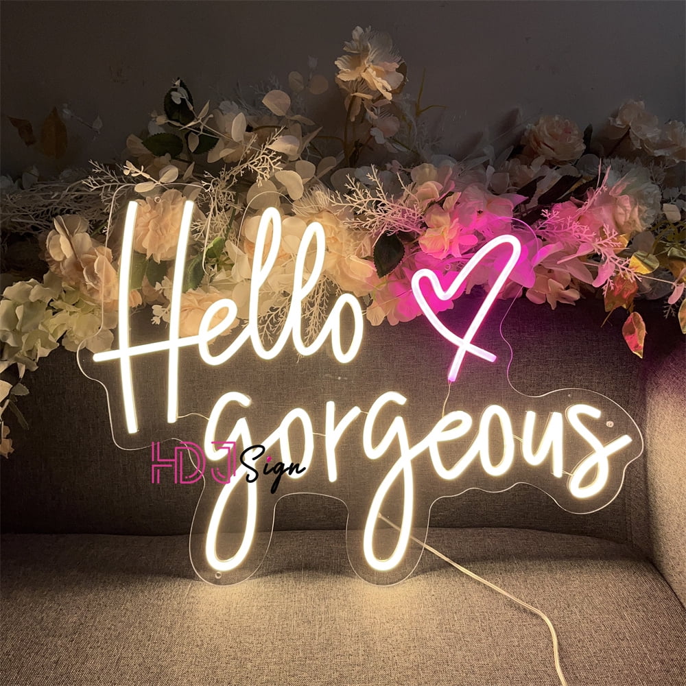 Hello Gorgeous Neon Sign, Warm White LED Neon Light Letters Decorative Wall Lights for Girls Room Wedding Anniversary Engagement Birthday Party(23.62x16.92inch)