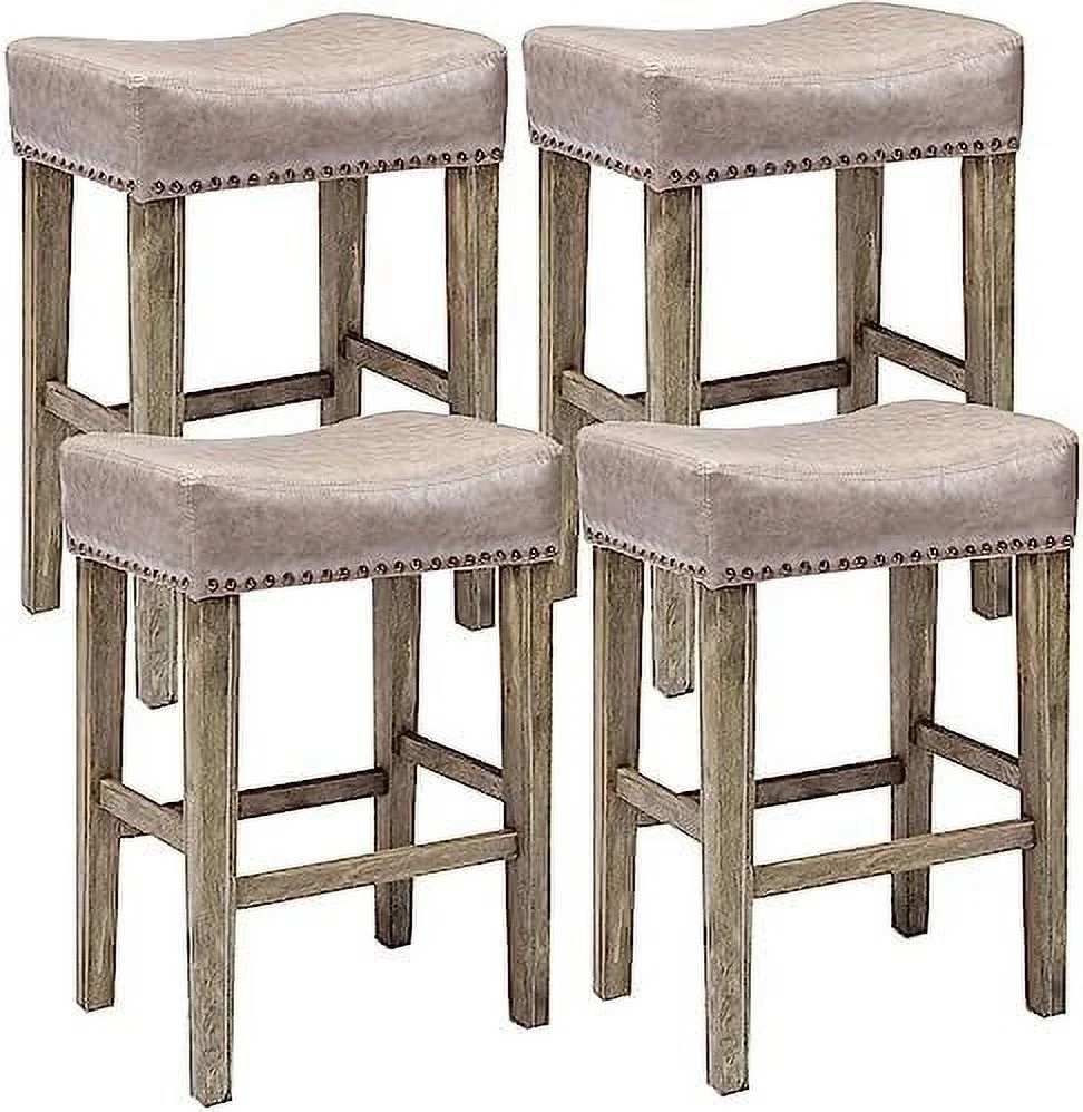 NLTBONNIE Counter Height  Stools Set of 4 with Saddle Seat Backless  Stool for Kitchen Island Pu Leather  Chair with Nail Head Wood Leg Footrest for Home Kitchen Pub Restaurant 26" Gr