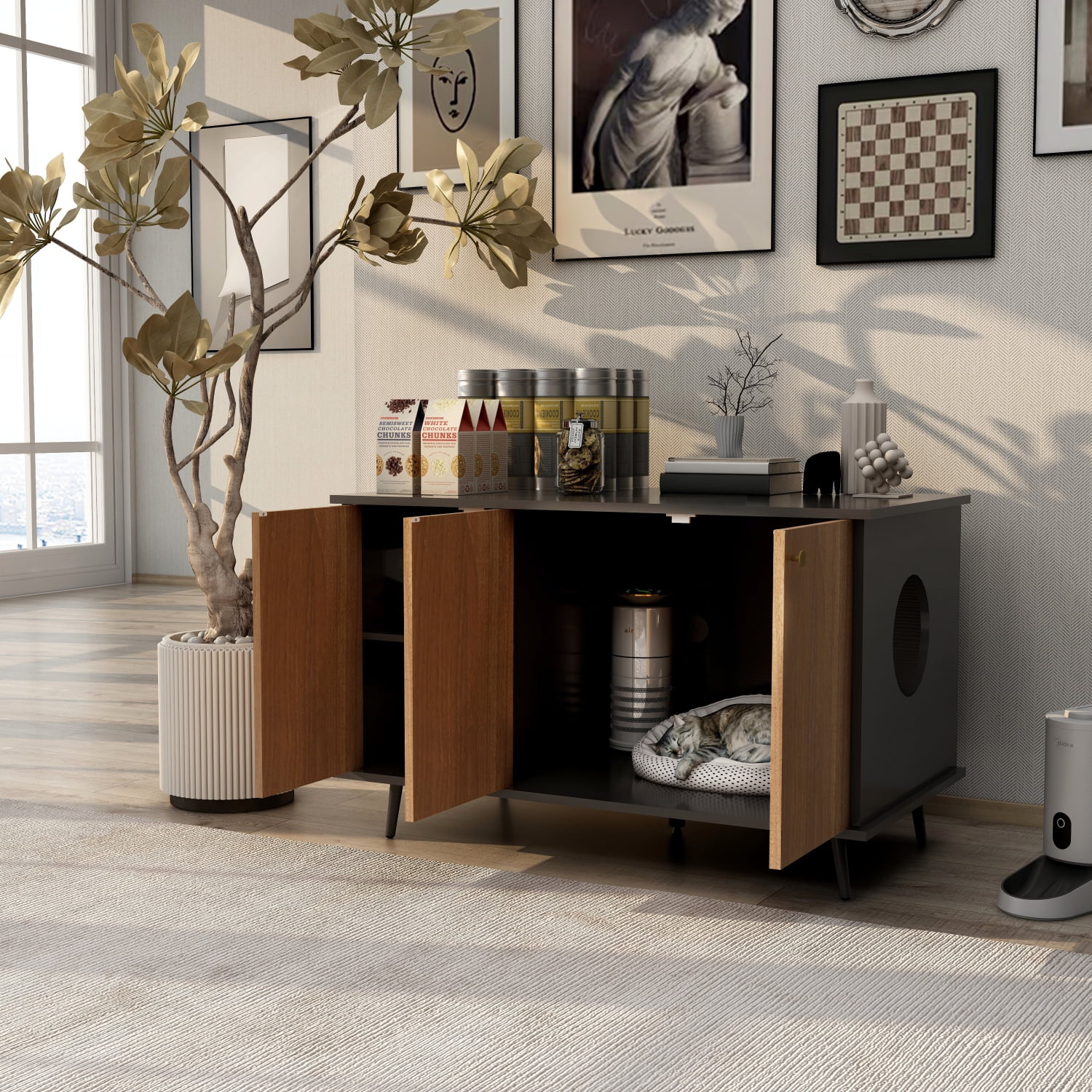 Modern Large Black and Walnut Wooden Litter Box Enclosure with Hidden Plug and 3 Doors for Indoor Cat Washroom. Stylish Cat Furniture Storage Bench Side Table House.