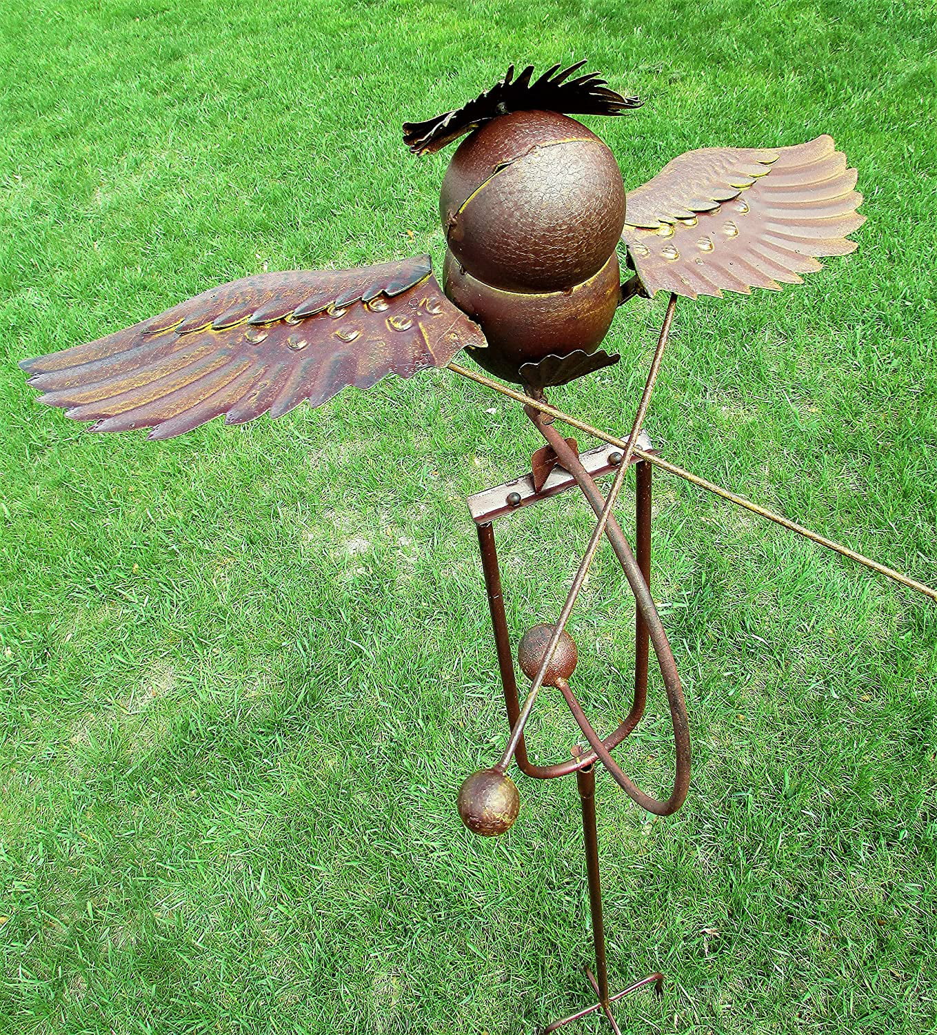 Kinetic Metal Brown Owl Yard Stake Rocking Wind Spinner Whirly-Gig Garden Art