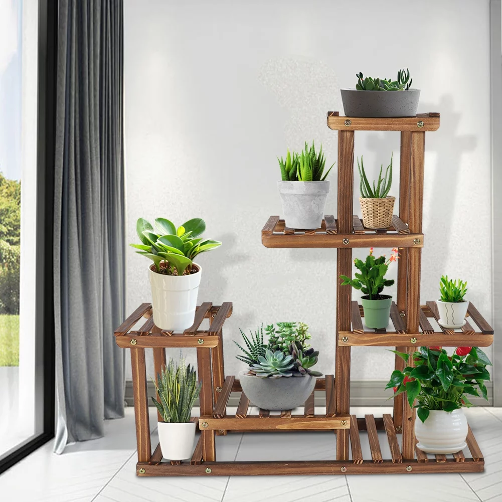Wobythan Multi-tiers Wooden Plant Stand Balcony Garden Flower Plant Stand Display Shelf