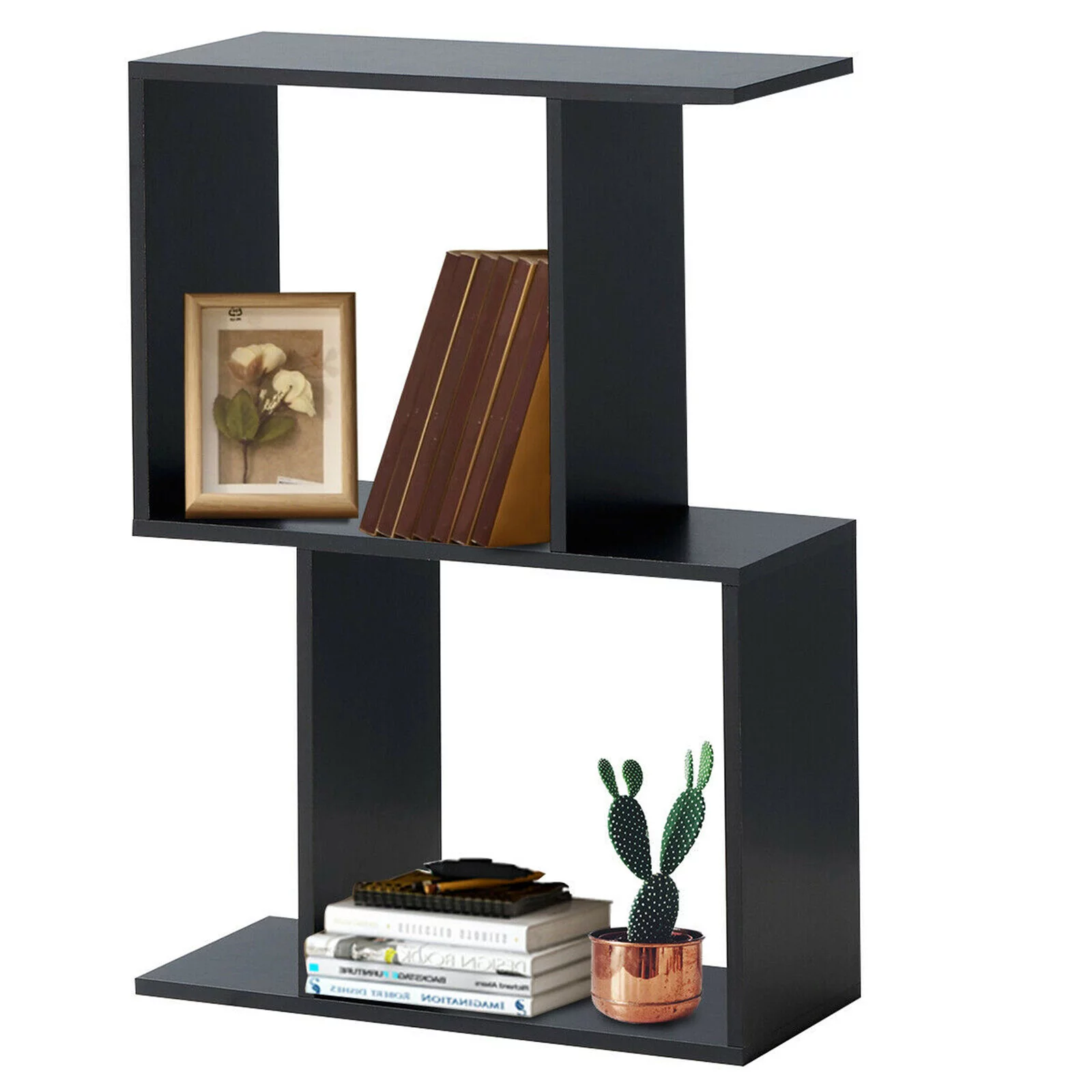 2-Tier S-Shaped Bookcase Wooden Storage Rack for Display and Decor in Black