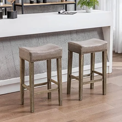 xrboomlife Stools Set of 2  26" Faux PU Leather Upholstered Counter Height Backless Saddle Stools with Nailhead Trims and Solid Wood Legs Farmhouse Island Chairs for Kitchen Dining Ro