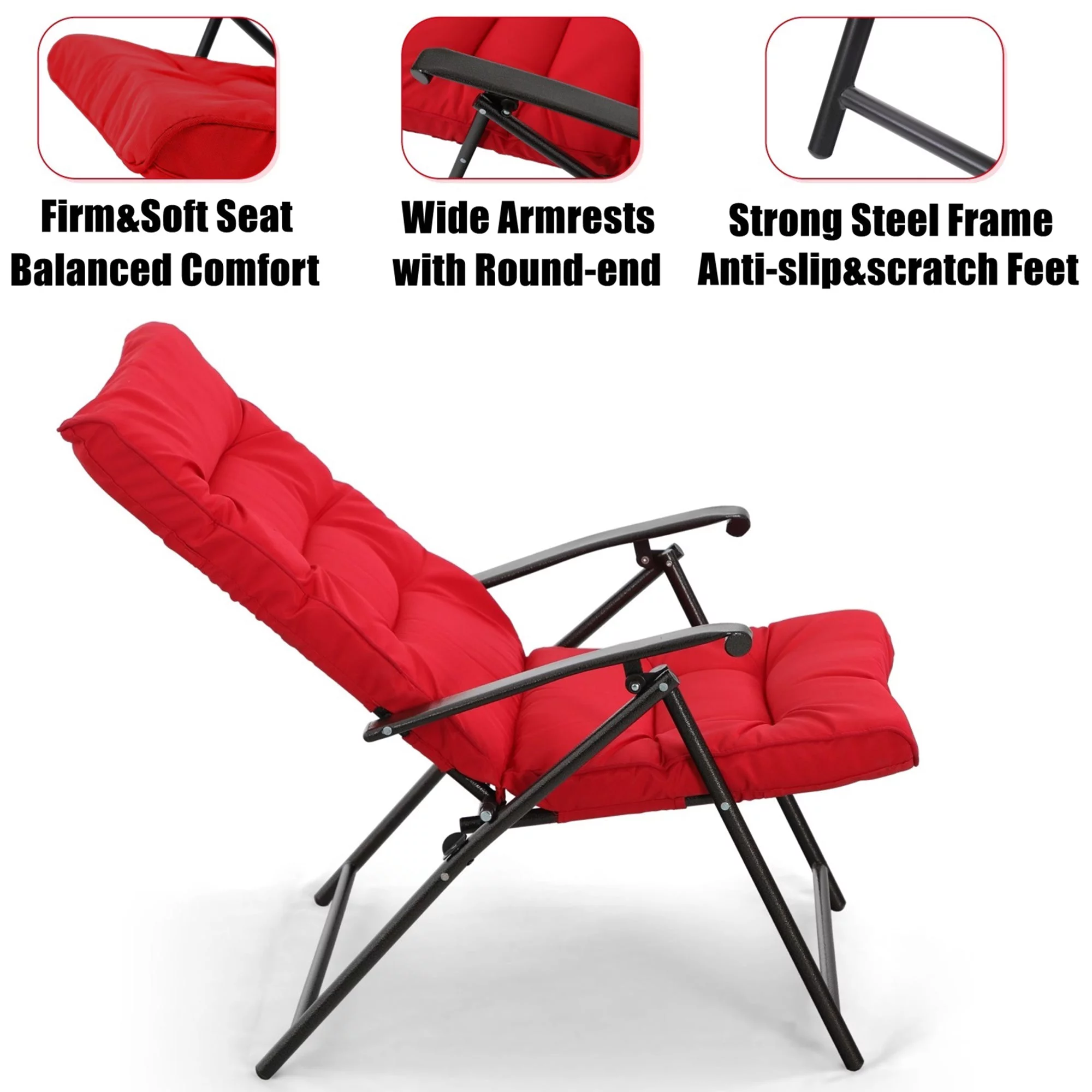 MF Studio 3-Piece Outdoor Folding Bistro Set with Adjustable Reclining Lounge Chairs, Red