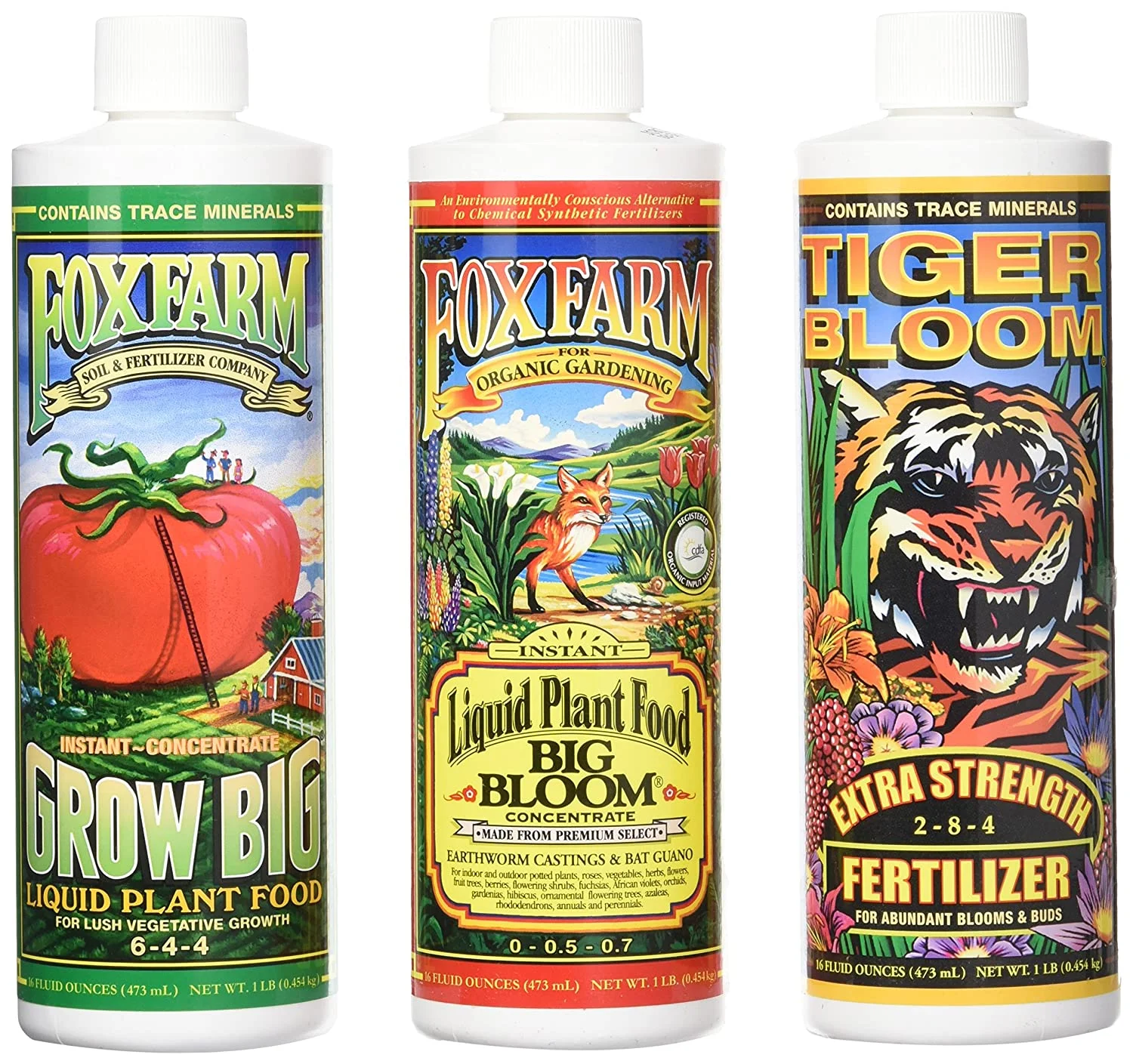 Foxfarm Liquid Nutrient Fertilizer, Grow Big, Big Bloom, Tiger Bloom Pint size, Combo Pack