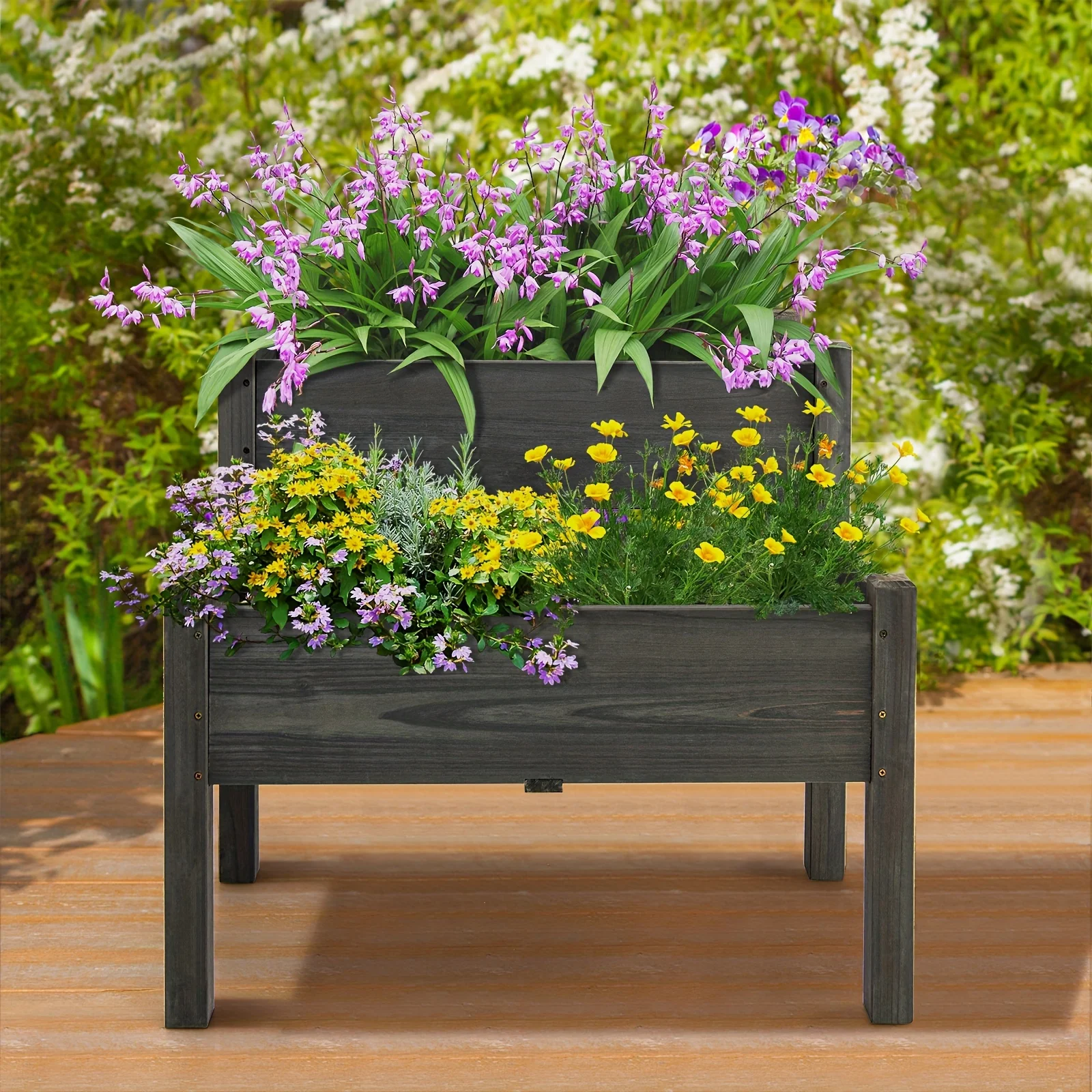 1pc 2 Tier Wooden Raised Garden Bed, Elevated Planter Box W/Legs Drain Holes