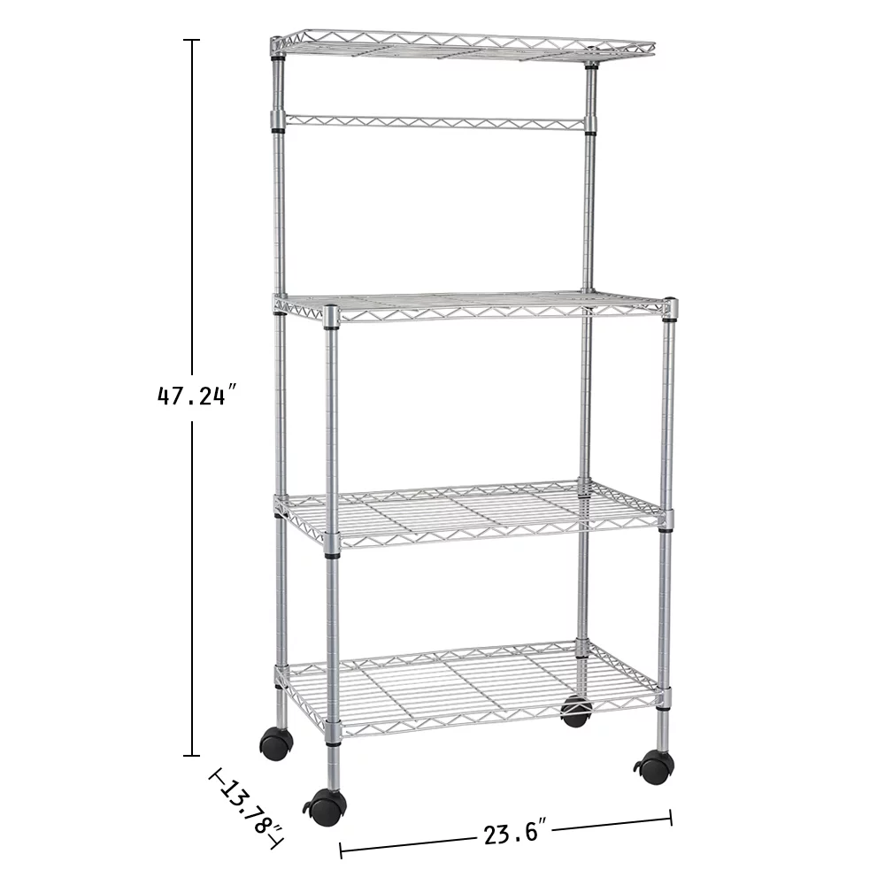 Bakers Rack with Wheels, Kitchen Microwave Cart with Storage, 4 Tier Height adjustable Wire Rolling Cart for Spices, Pots, Pans, Charcoal, 24 x 14 x 48 Inches