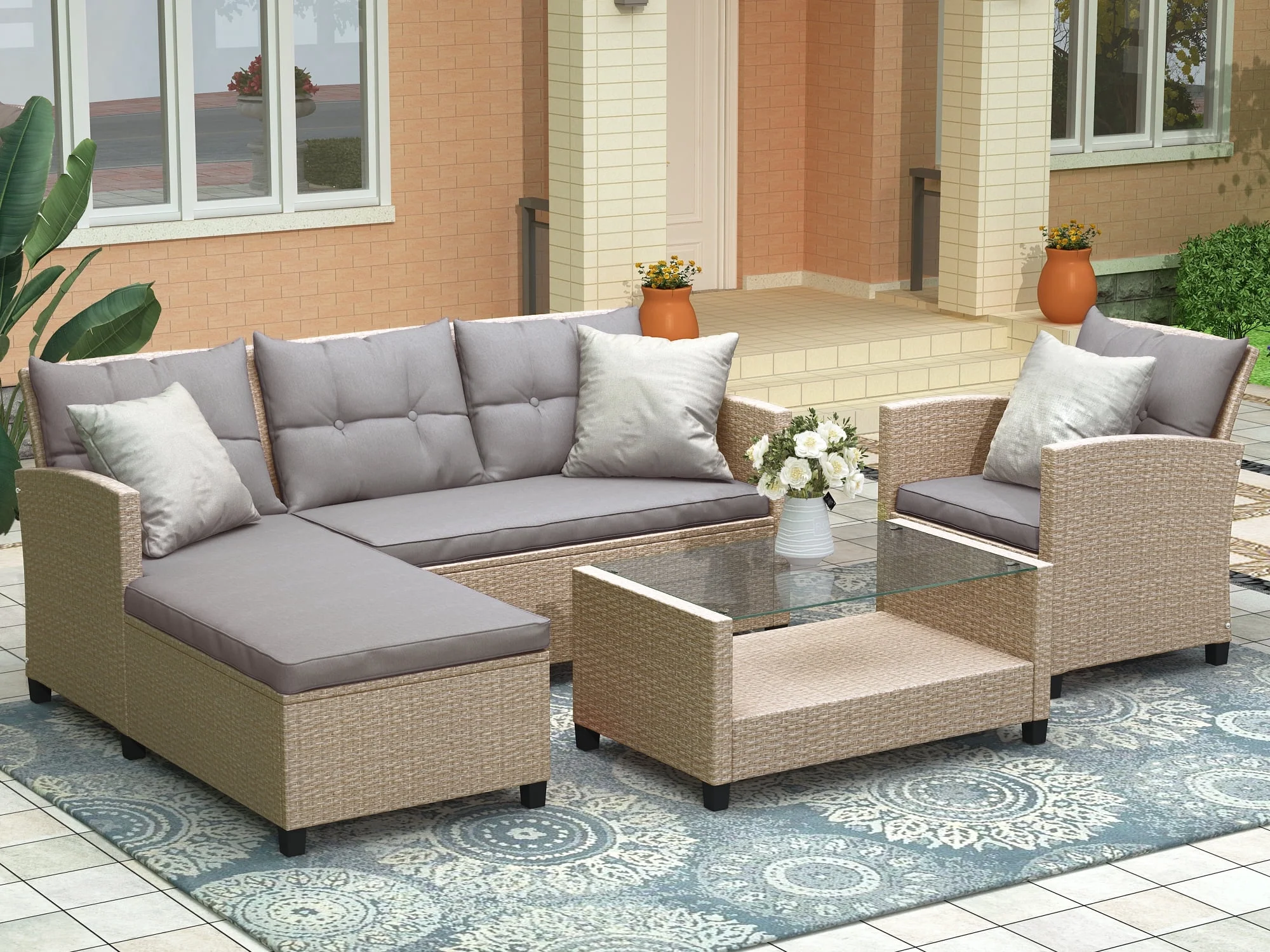 EUROCO Oversize 4 Piece Conversation Set，Outdoor Patio Furniture Wicker Rattan Sectional Sofa with Seat Cushions，Beige Brown