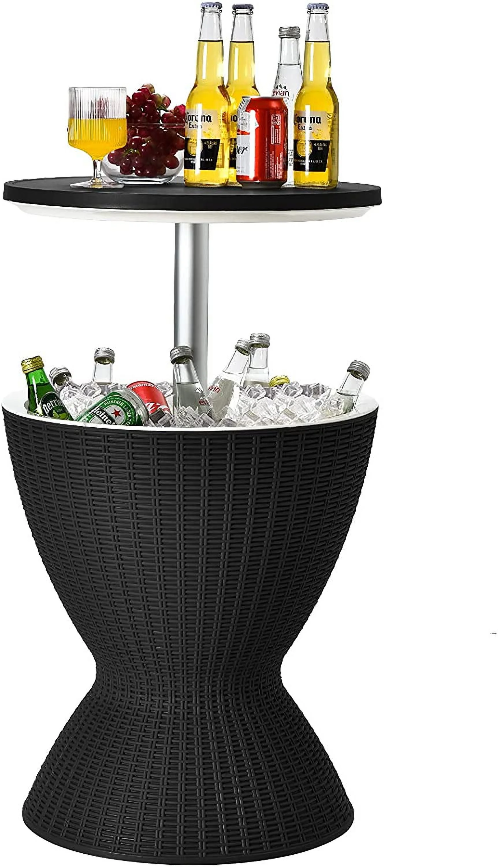 Outdoor Cool Bar Table, Rattan Style Patio 8 Gallon Beer and Wine Cooler, All-Weather Ice Bucket w/Height Adjustable Top, Drainage Plug, 3-in-1 Cocktail Coffee Table for Party, Barbecue, Picnic