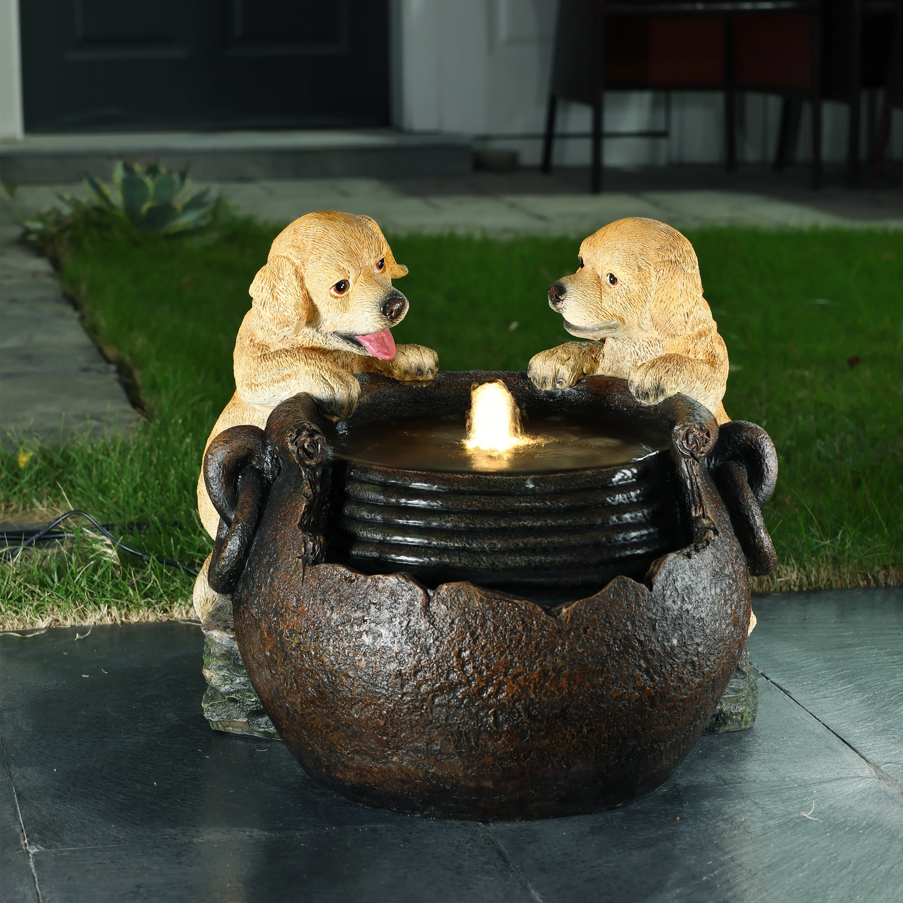 LuxenHome Puppy Love Farmhouse Resin Outdoor Fountain with Lights
