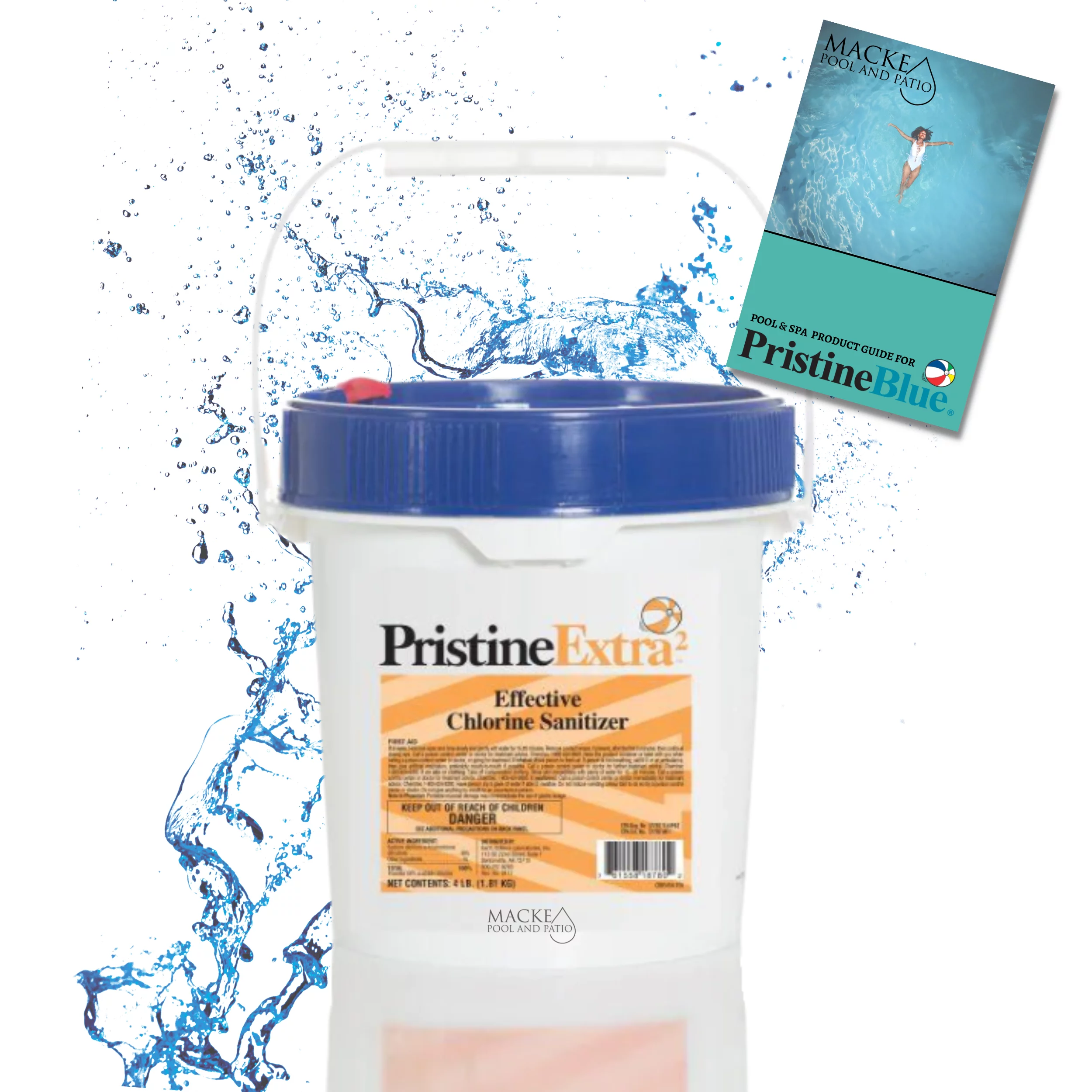 Pristine Extra Chlorine Shock 4 lb container with Macke Pool Product Guide