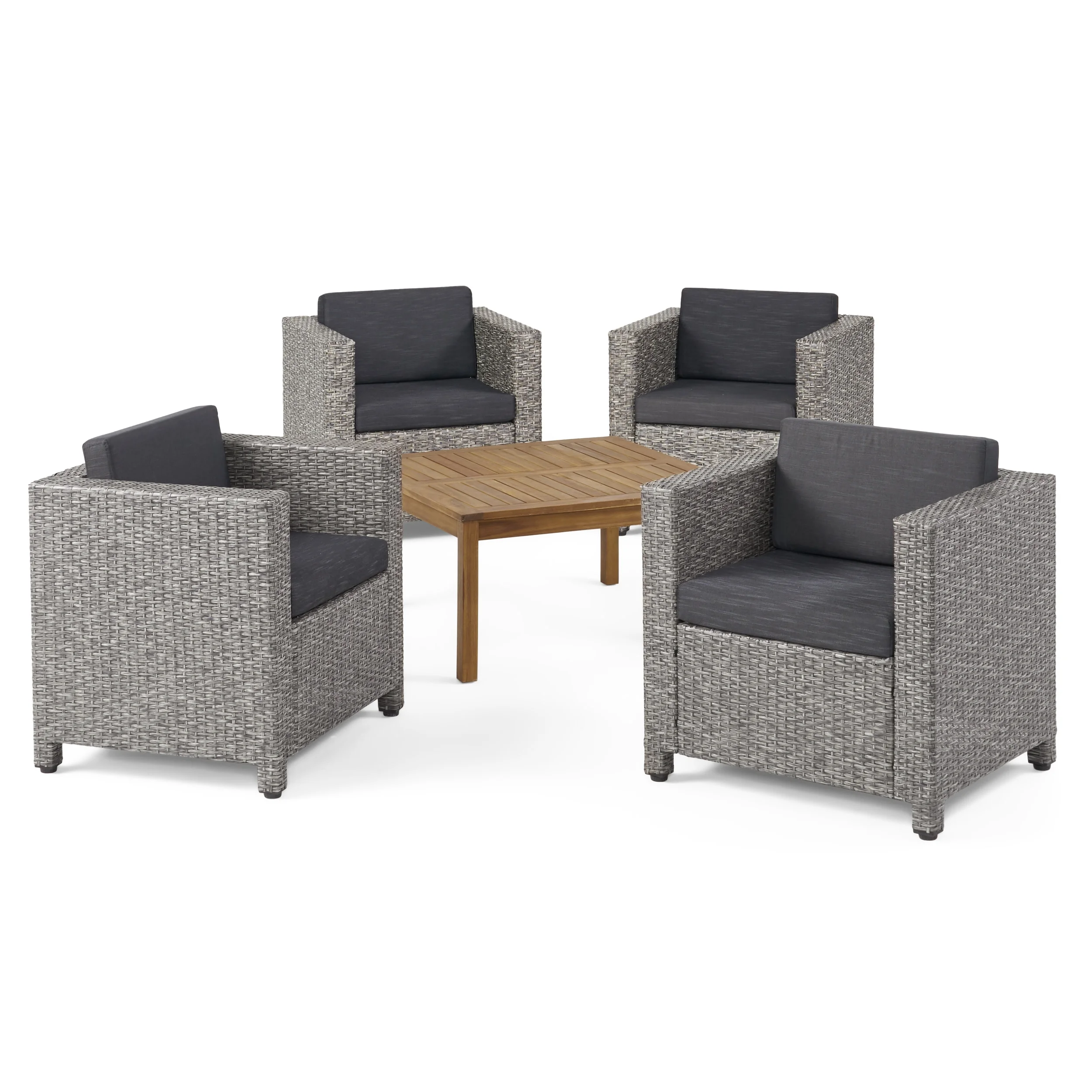 GDF Studio Venice Outdoor Wicker and Acacia Wood 5 Piece Club Chair Chat Set with Cushions, Mixed Black and Dark Gray