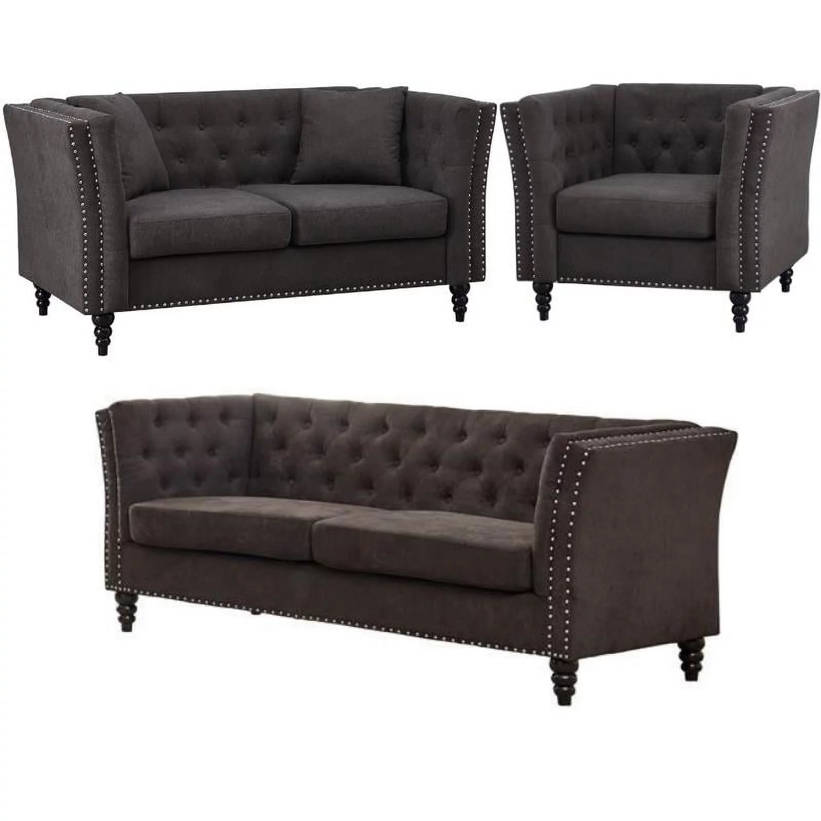 Home Square 3 Piece Set with Living Room Sofa Loveseat and Chair in Brown