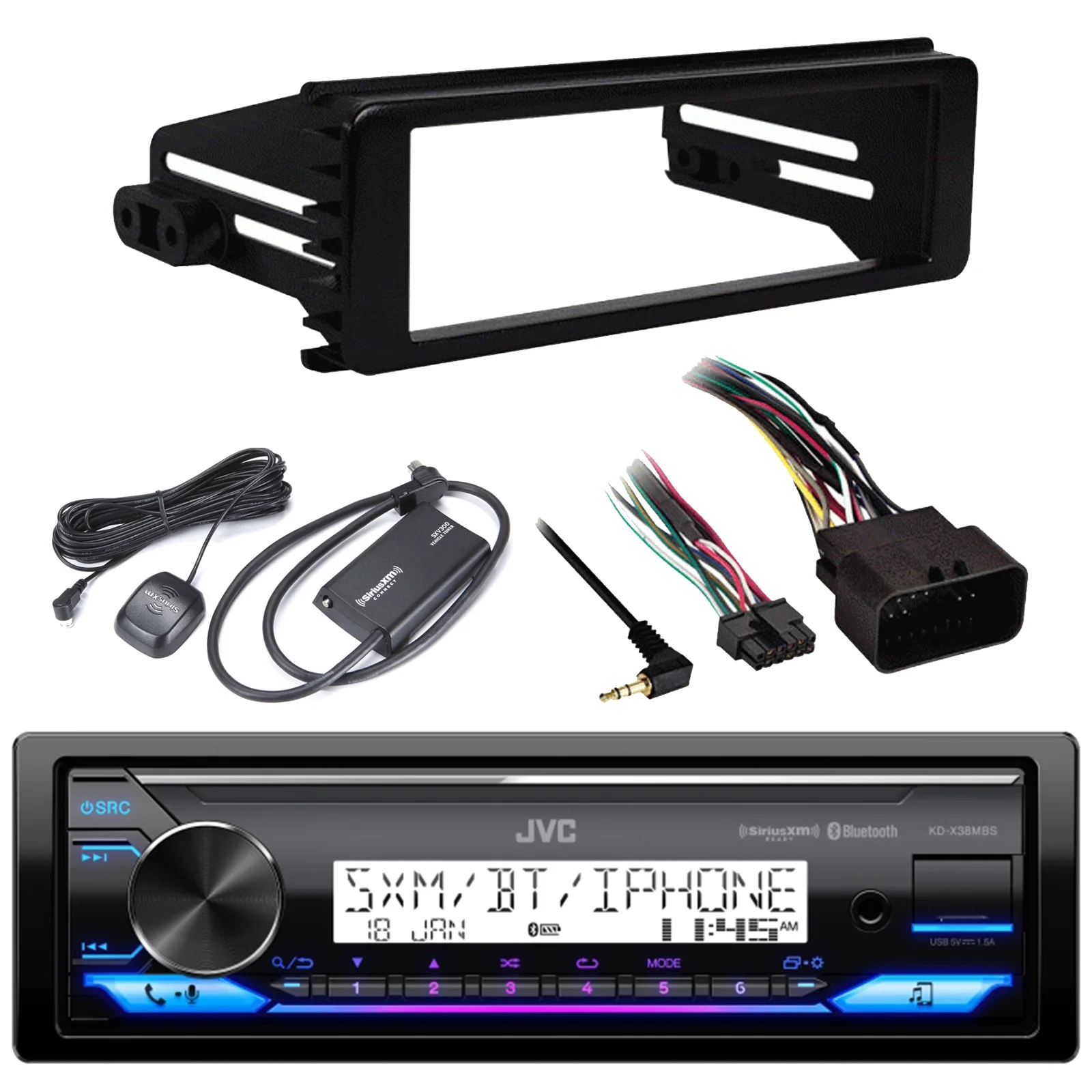 JVC KD-X38MBS Single DIN Marine MotorSports Bluetooth USB AUX LED AM/FM Radio Stereo SiriusXM Ready Amazon Alexa Receiver Harley 98-2013 FLHX Install Adapter Kit, SiriusXM Radio Tuner Kit