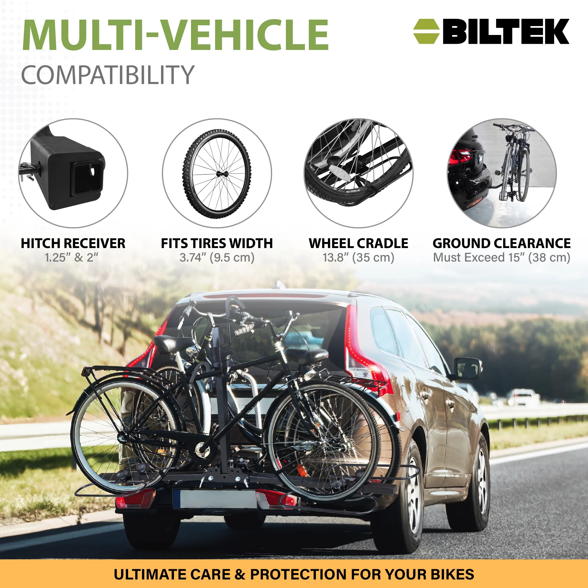 Biltek Hitch Mount Bike Rack, 90 lbs (40 kg) Capacity, Car Bike Rack For 2 Bikes, Tiltable & Foldable, Fits 1.25
