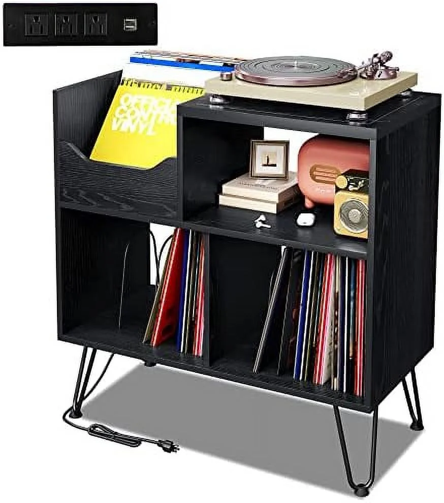MQLIFEBOOM Record Player Stand with Vibration-Isolated Turntable Design  Vinyl Record  Table with Charging Station  Mid-Century Modern Turntable Stand (Black)