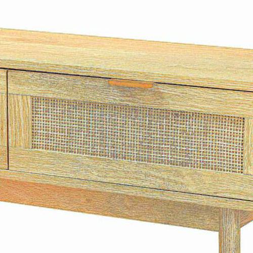 Baird Mid-Century Modern Light Oak Brown Finished Wood and Rattan 2-Drawer Console Table