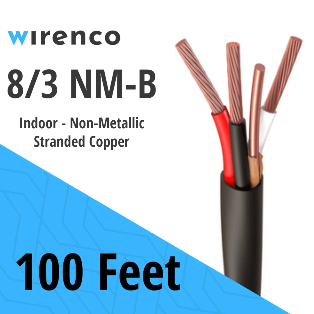 Wirenco 8/3 NM-B, Non-Metallic, Sheathed Cable, Residential Indoor Wire, Equivalent to Romex (100Ft Cut)