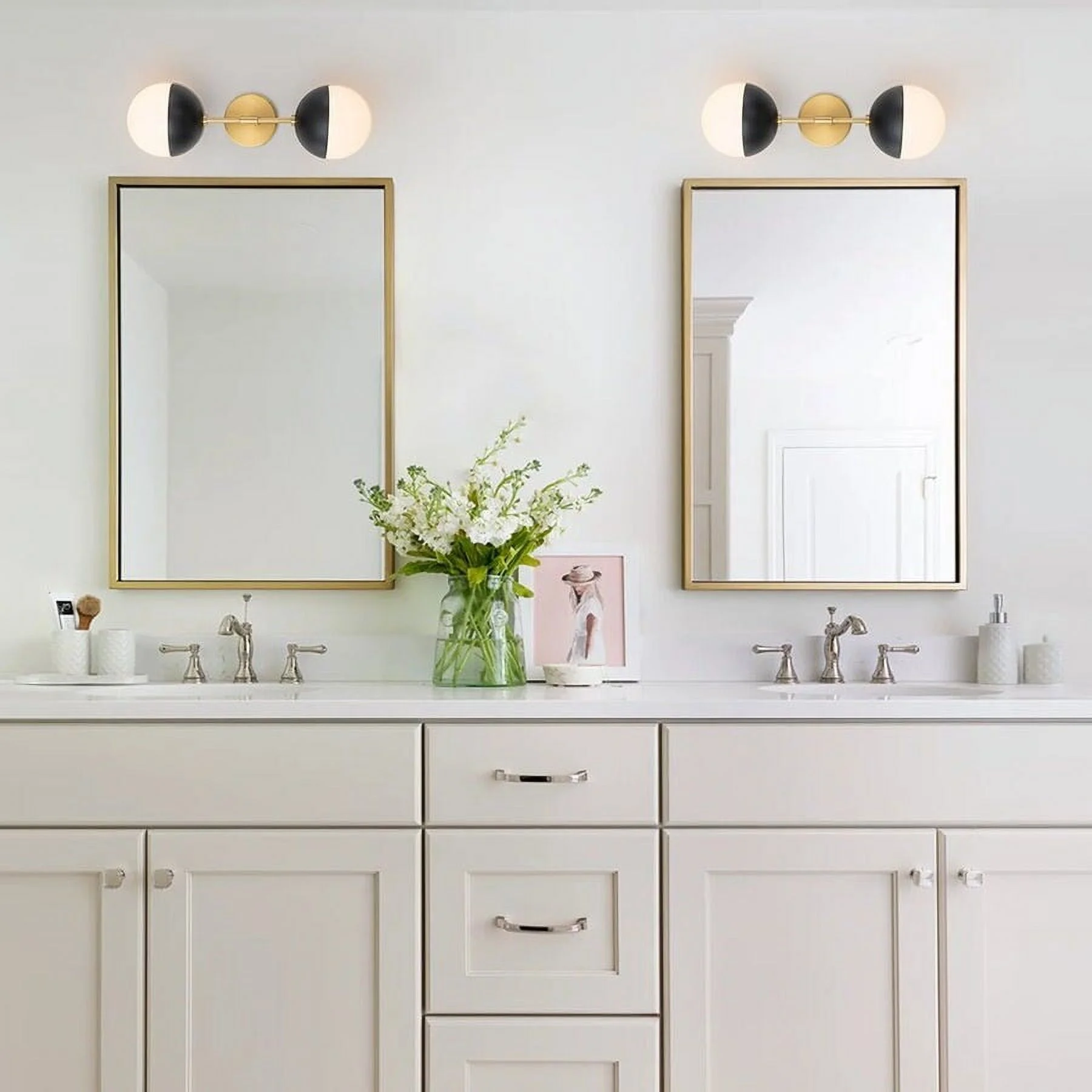 Modern Mid-century 2-Light White Opal Globe Wall Sconce Brass