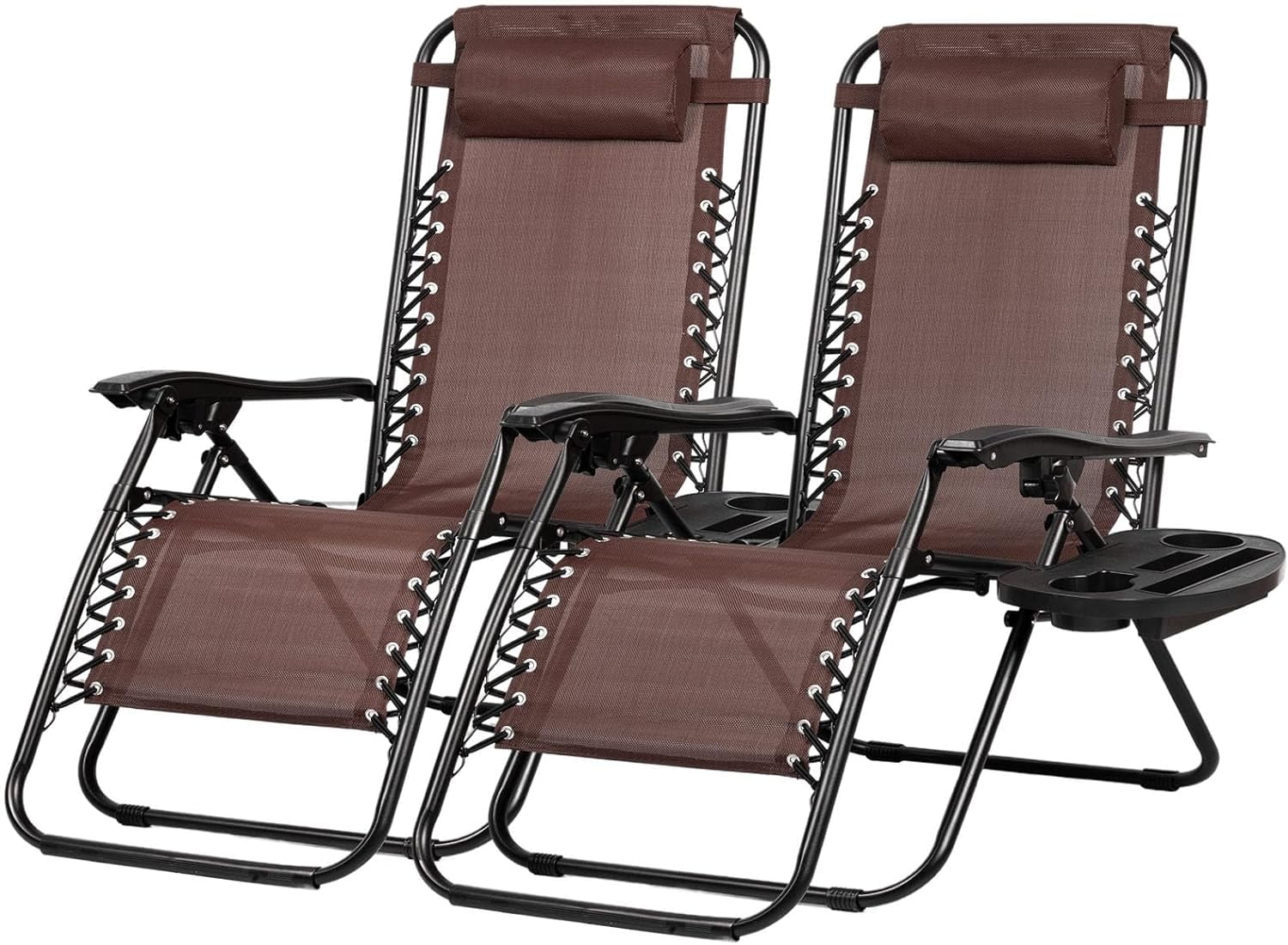 Set of 2 Relaxing Recliners Patio Chairs Adjustable Steel Mesh Zero Gravity Lounge Chair Beach Chairs with Pillow and Cup Holder Khaki (Brown)