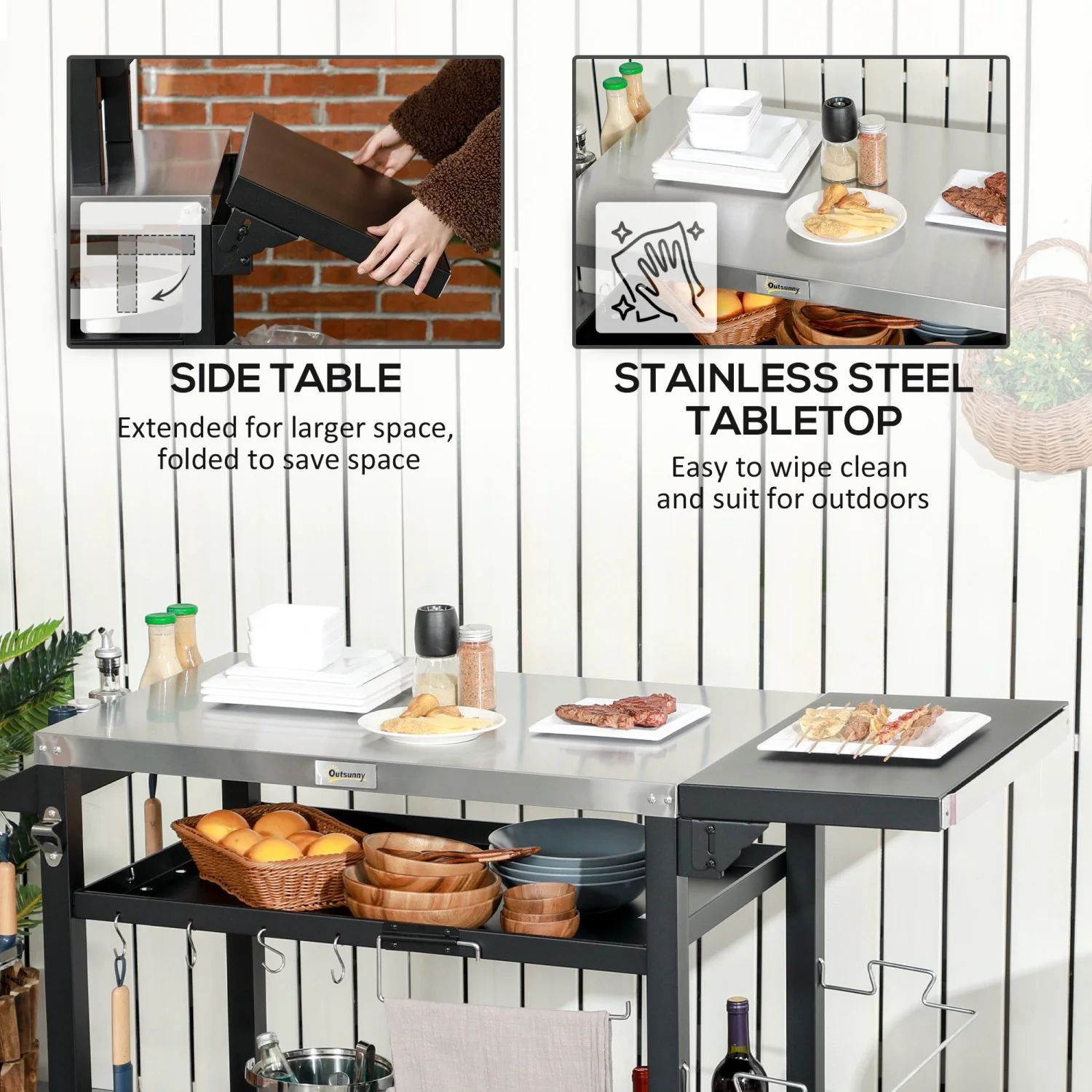 JHOOTUUO Outdoor Grill Cart with Foldable   46” x 21.75” Multifunctional Stainless Steel Pizza Oven Stand with Three-  Movable Food Prep  on Wheels  Black
