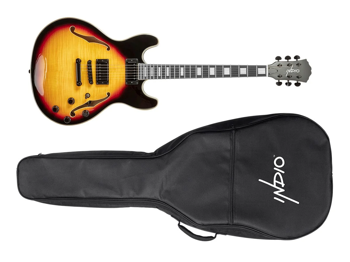 Monoprice Indio Boardwalk Flamed Maple Hollow Body Electric Guitar - Sunburst, With Gig Bag