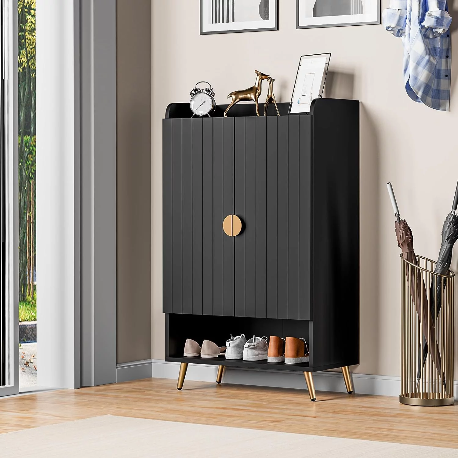 Cozy Castle Shoe Cabinet for Entryway, Freestanding Shoe Storage Cabinet with Doors and Adjustable Shelves, Modern Wooden Shoe Organizer Cabinet, Black