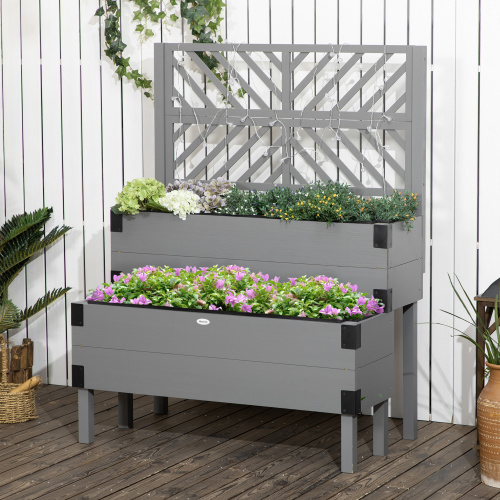 Buumin Outsunny Raised Garden Bed with Trellis, 2 Tier Wooden Elevated Planter Box with Legs and Metal Corners, for Vegetables, Flowers, Herbs, Gray