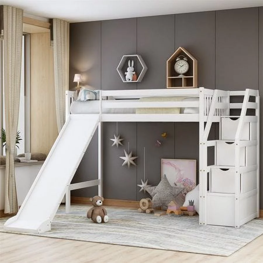 CHURANTY Twin size Wood Loft Bed with Slide and Storage Stairs,White