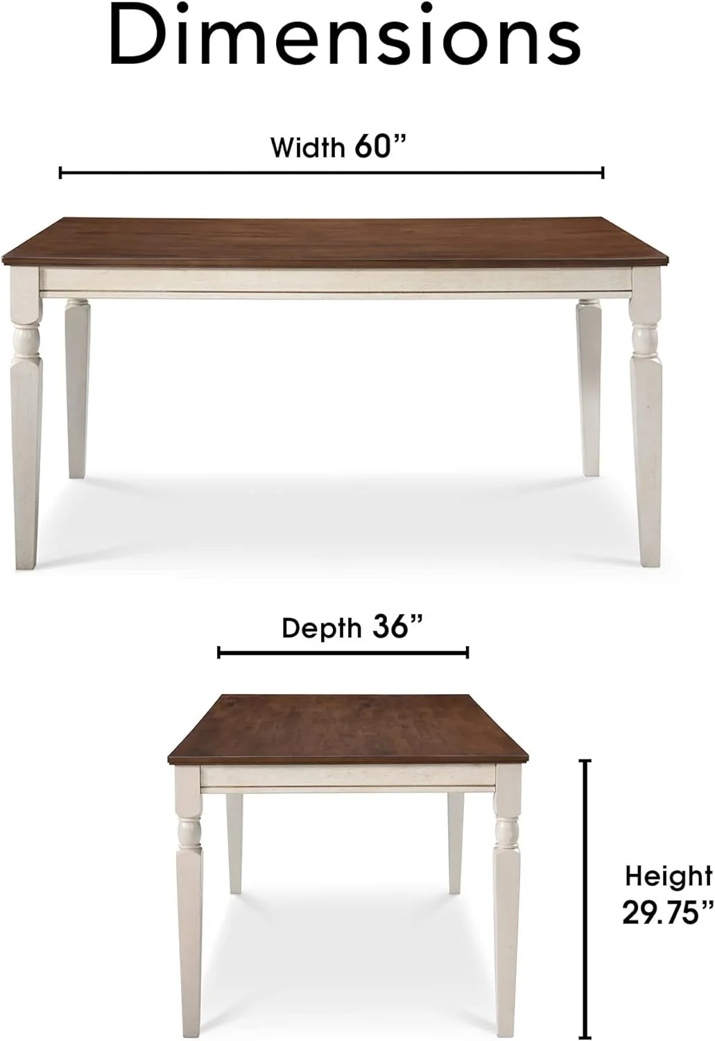 Provence Farmhouse Table, Two-Toned Wood With Turned Legs, Traditional Rustic Furniture Decor For Kitchen Or Dining Room, 60
