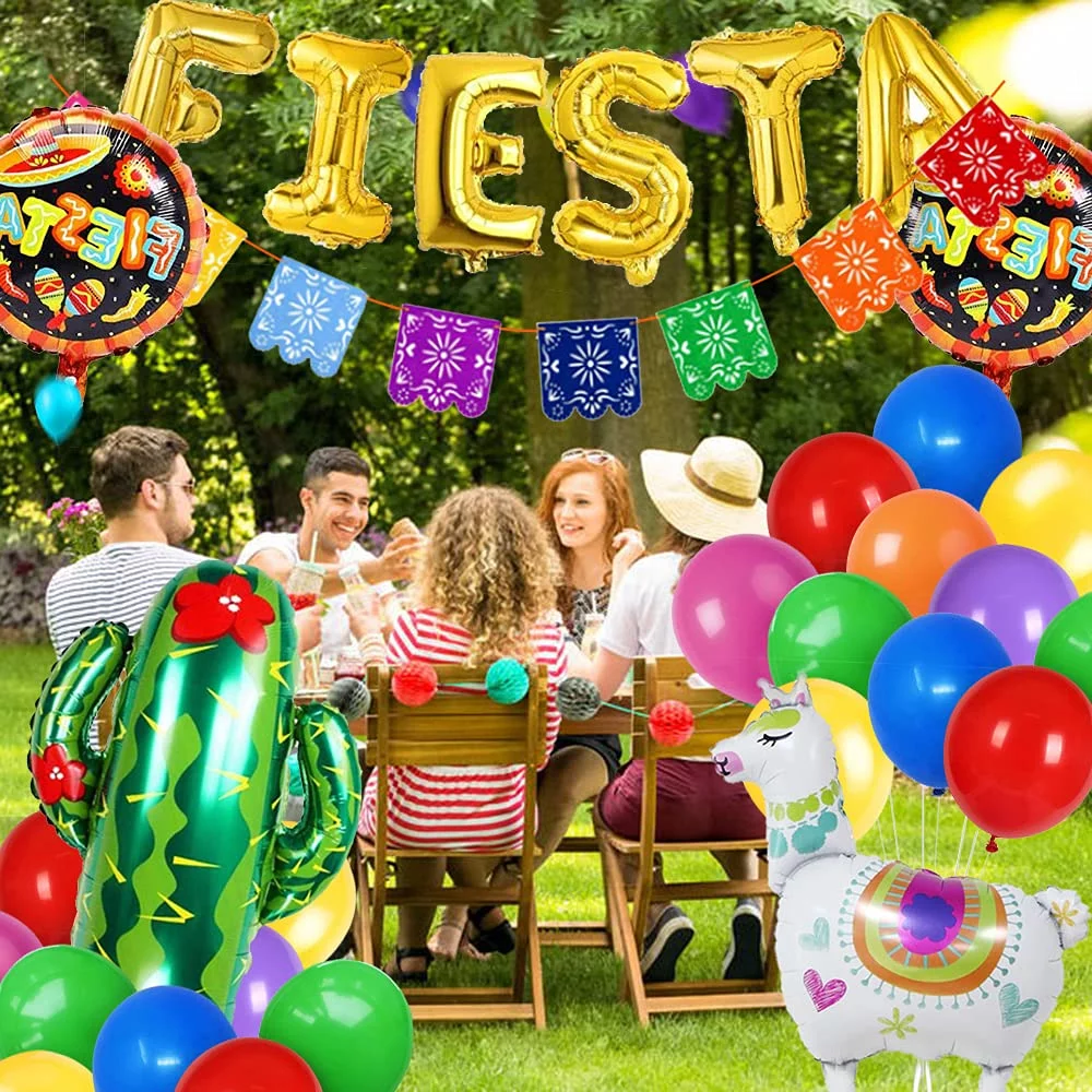 Fiesta Party Supplies, Multicolor Picado Banner Fiesta Cactus Alpaca Foil Balloons Paper Fan Pompoms Bunting Banner for Fiesta Mexican Cinco De Mayo Frida Kahlo Party Decorations