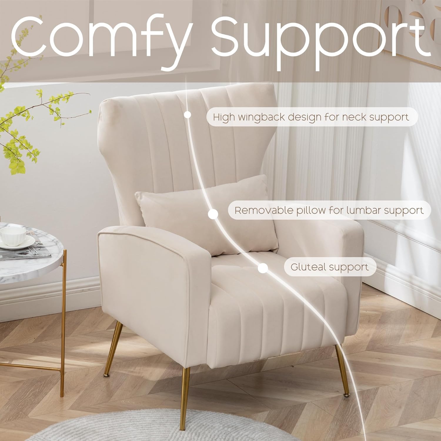 YUUIJOAA Accent Chair Ottoman Upholstered Velvet Wingback Armchair with Pillows Set of 2,Beige