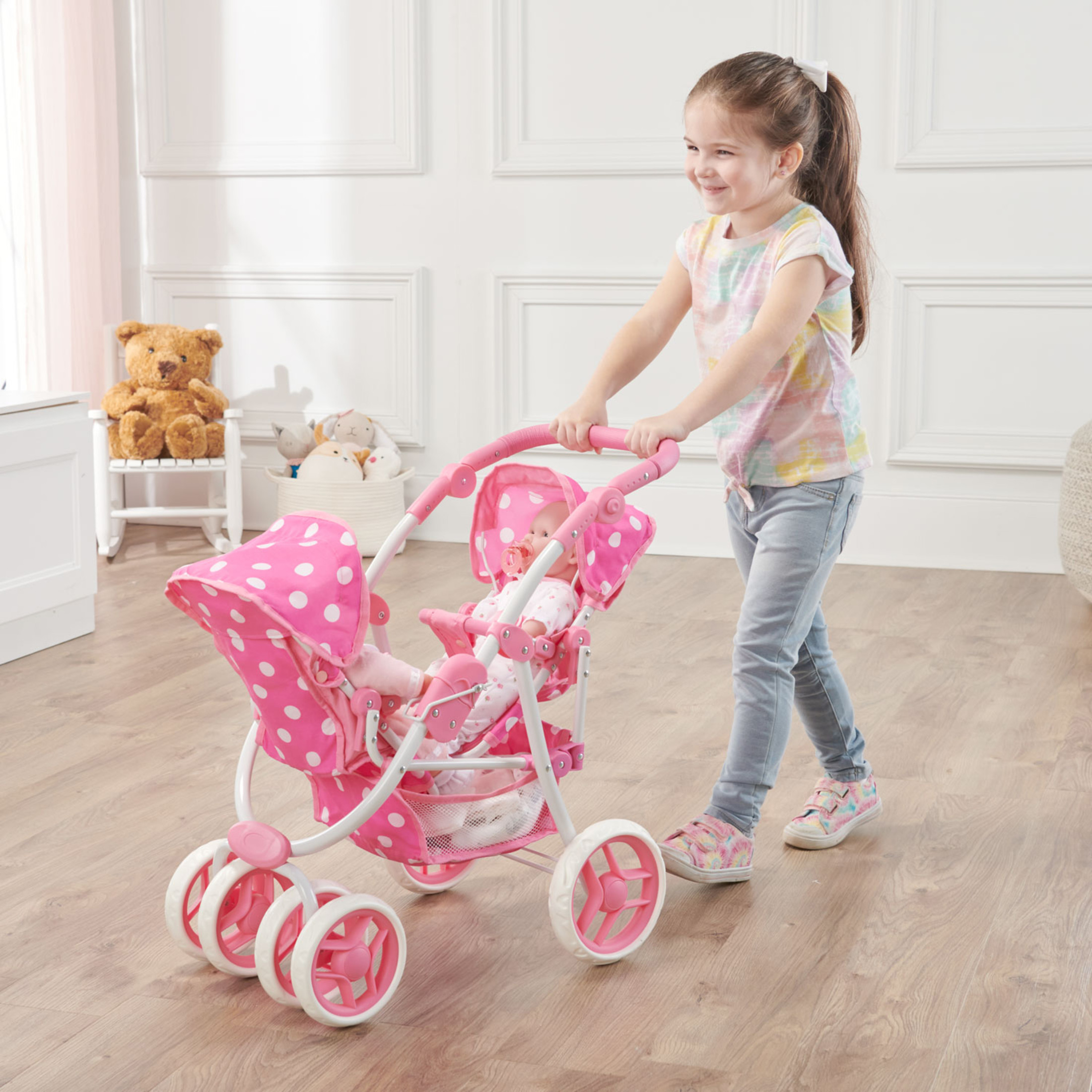 Reversible Double Doll Stroller - Pink/Polka Dots