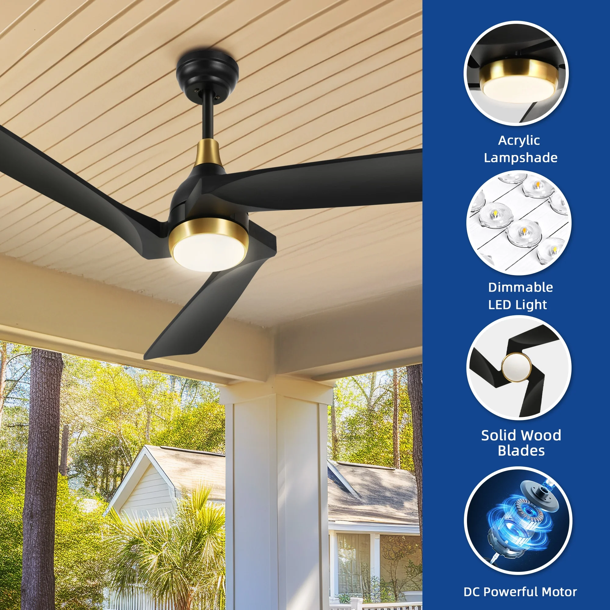 Dextrus 52in Black Ceiling Fans with Light and Remote, Modern Ceiling Fan Dimmable Fanlight for Indoor Outdoor, Light Fan with Memory Function, 3 Blades