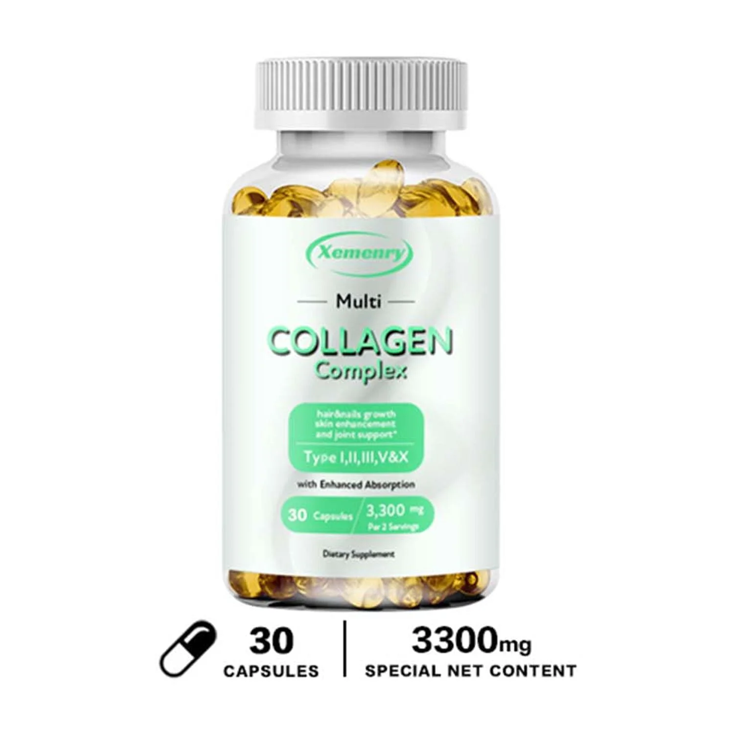 Xemenry Collagen Complex- with Type I, II, III, V, X  -Hydrolyzed Collagen, Anti-Aging(30/60/120pcs)