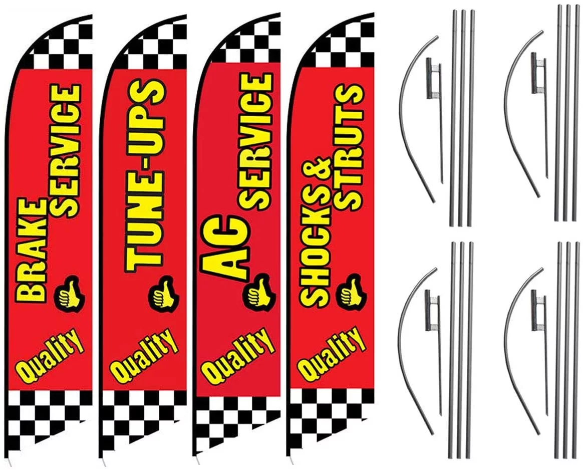 Auto Repair Shop Promotional Package of Four Feather Flag Kits Set, Comes with Four Telescopic Aluminum Pole Kits and Ground Stakes