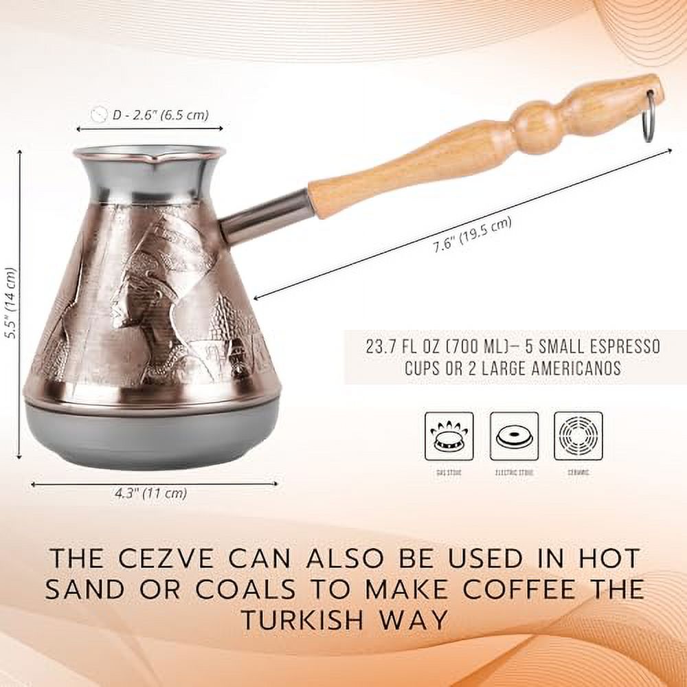 Turkish Cezve 14 Fl Oz 400 ML Leopard Copper Cezve Large Turka Turkish Coffee Pot Greek Arabic Coffee Pot with Wooden Handle Jezve Maker