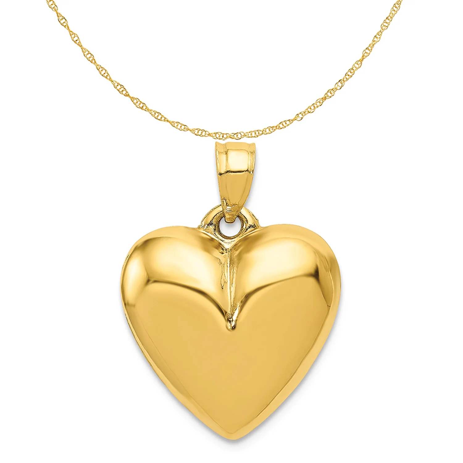 Carat in Karats 14K Yellow Gold Polished 3-D Puffed Heart Pendant Charm (24mm x 16mm) With 10K Yellow Gold Lightweight Rope Chain Necklace 20''