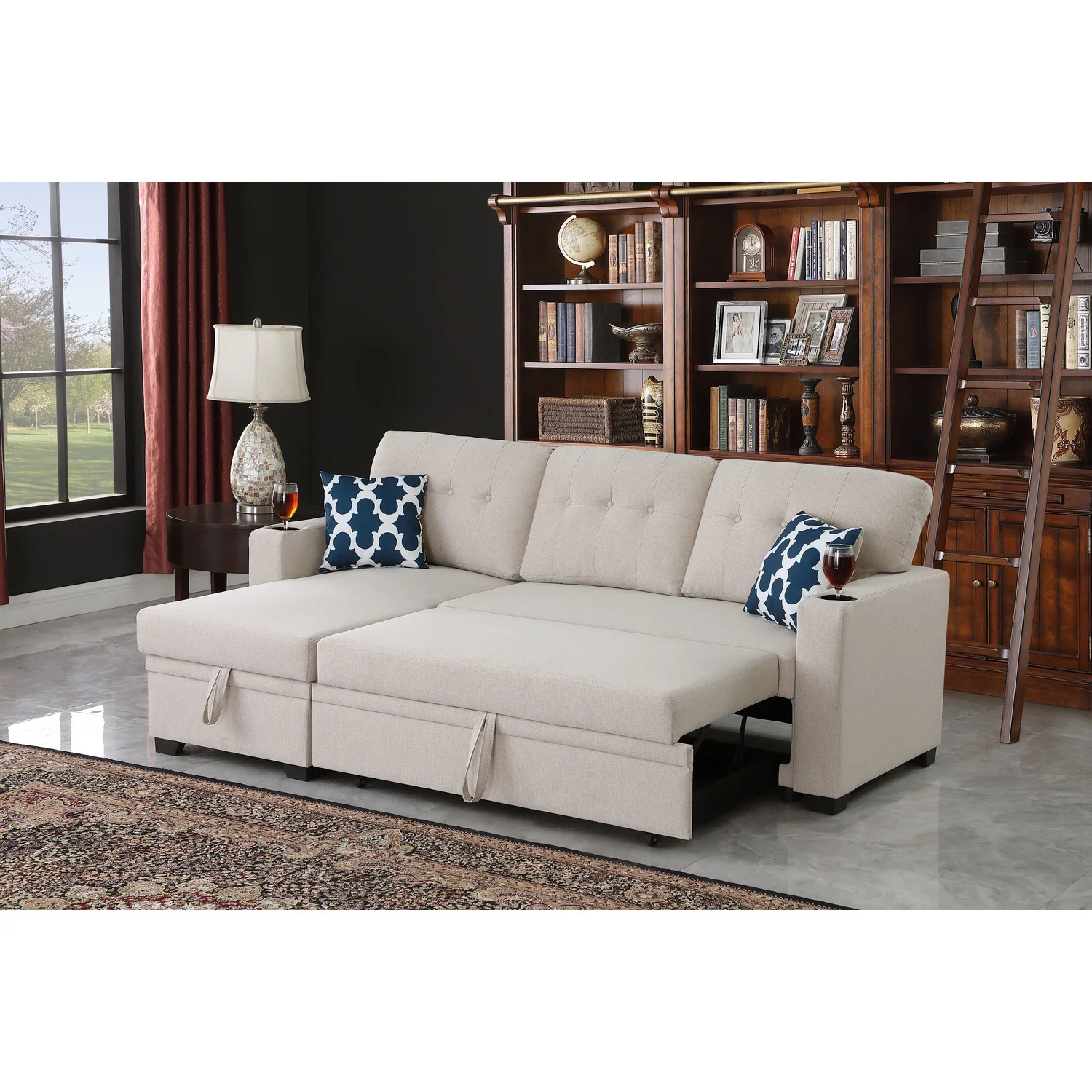 Devion Furniture Reversible Fabric Sleeper Sofa Bed & Chaise with Cup Holder-Beige