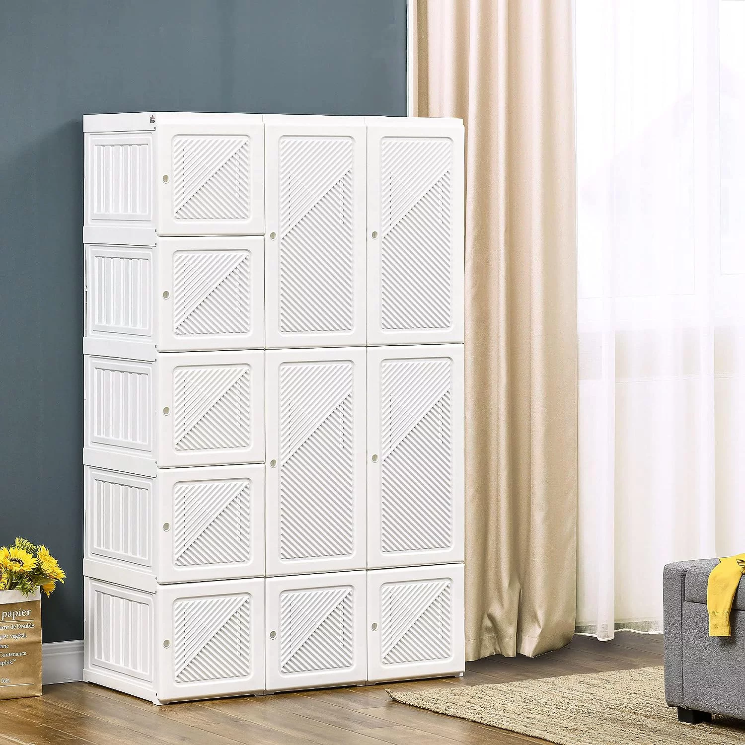 Portable Wardrobe Closet, Bedroom Armoire, Foldable Clothes Organizer with Cube Storage, Hanging Rods, and Magnet Doors, White