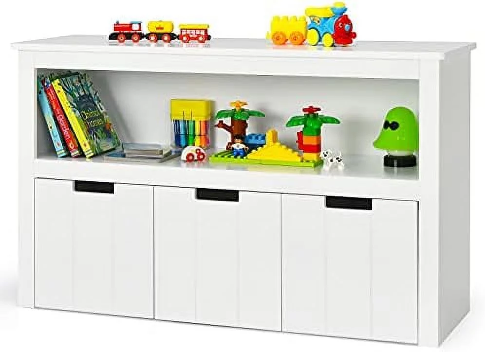 HOOMHIBIU Toy  Organizer  Wooden Toy Bin Chest with 3 Removable Drawers  Rolling Wheels  Large Open   Toddler Bookshelf for Nursery  Playroom  Kindergarten  Living Room (White)
