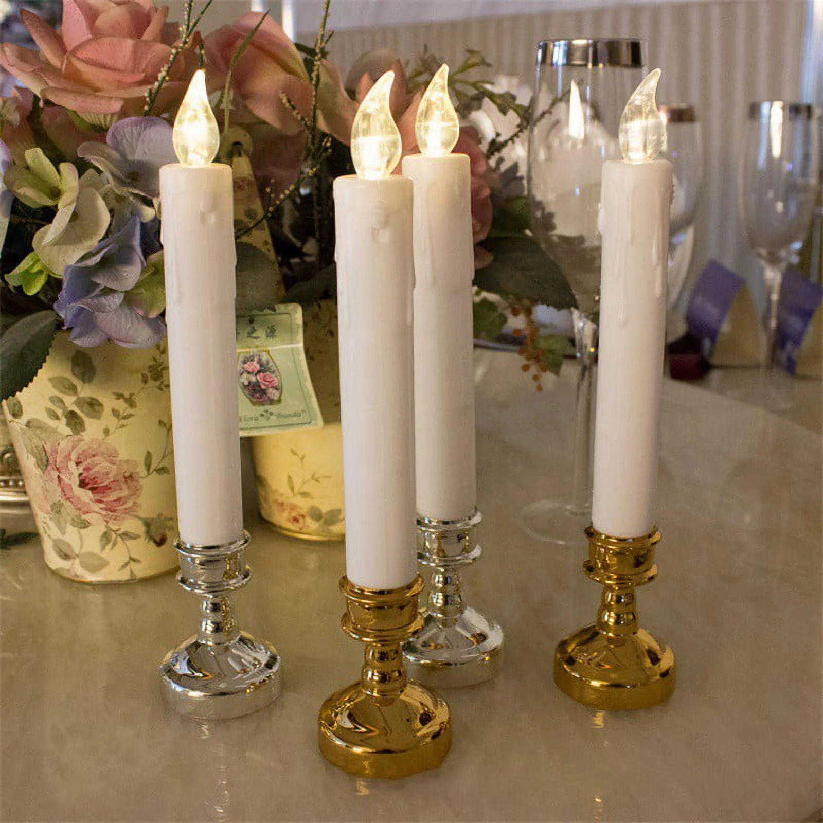Sunshine 4Pcs Battery Operated LED Windows Candles Gold Candle Holder Flickering Flameless Taper Candles for Christmas Home Wedding Decoration
